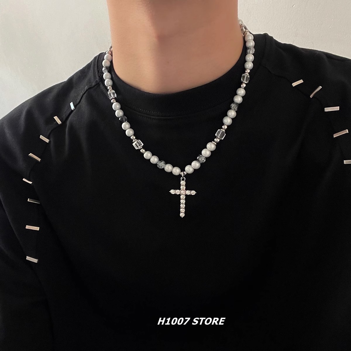 45cm Gray Pearl Crystal Cross Necklace 316 Stainless Steel Zircon Pendant Unisex