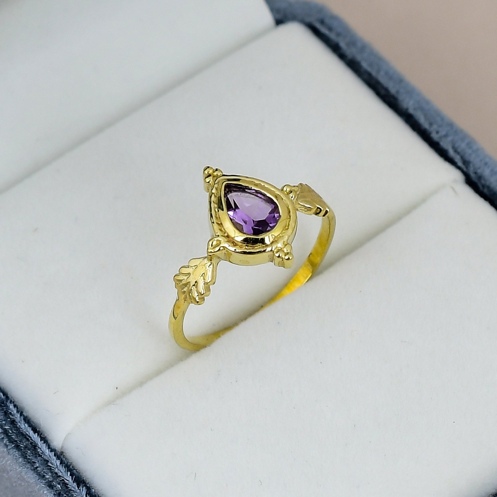 Amethyst Pear Ring 18K Gold Plated 5x7mm Purple Gemstone Nature Leaf Ring Gift