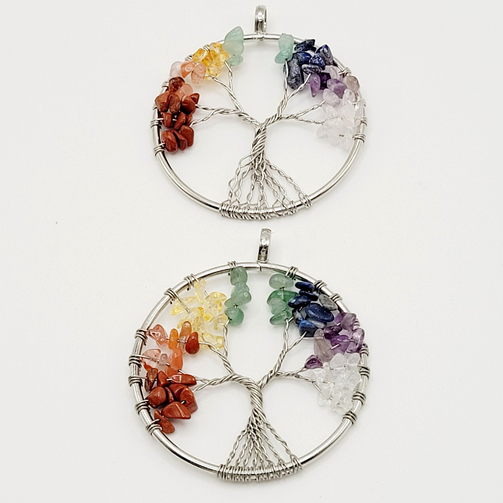 2 Tree of Life Silver Tone Twist Crystal Multi Stone Seven Chakras Round Pendant