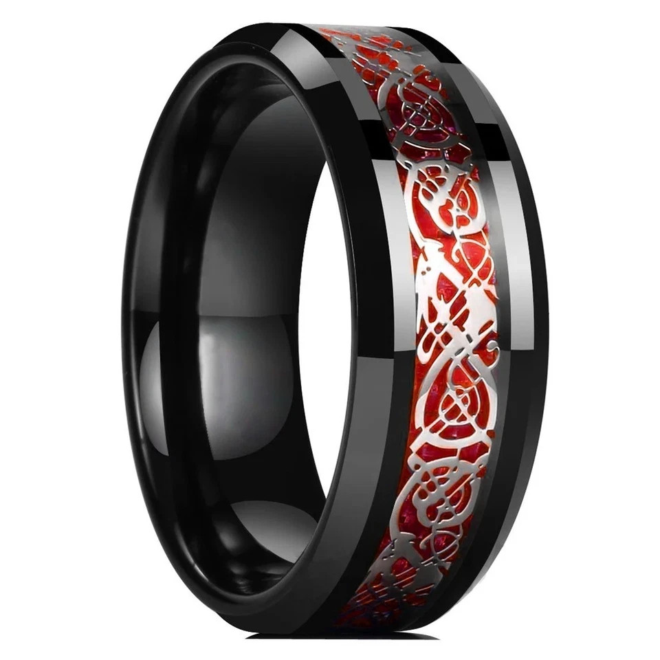 Men Women Gold Plated Blue Black Red Stainless Steel Celtic Dragon Band Ring 8mm