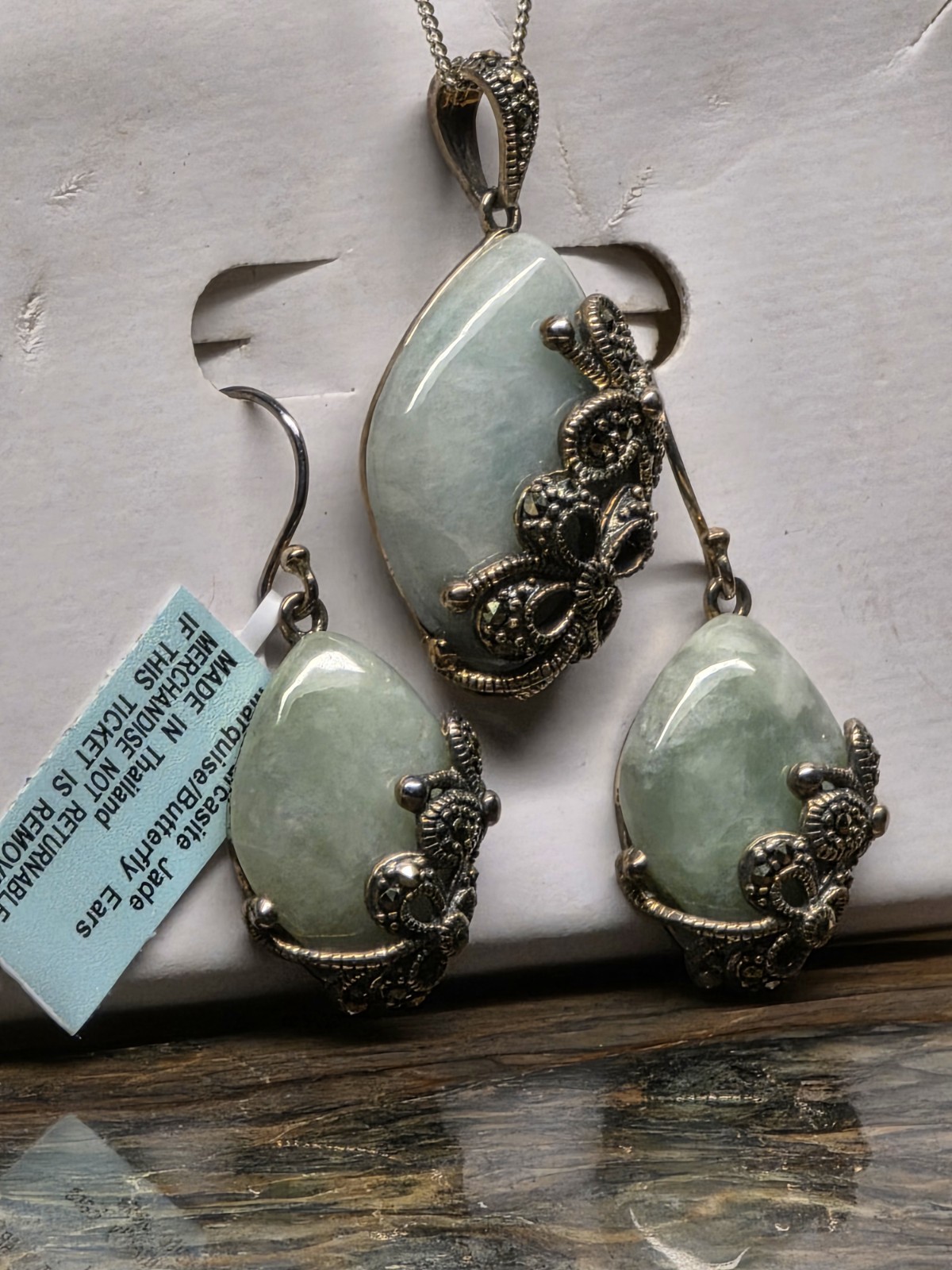 Vintage Sterling Silver Marcasite Jade Necklace & Earrings Set Butterfly Design