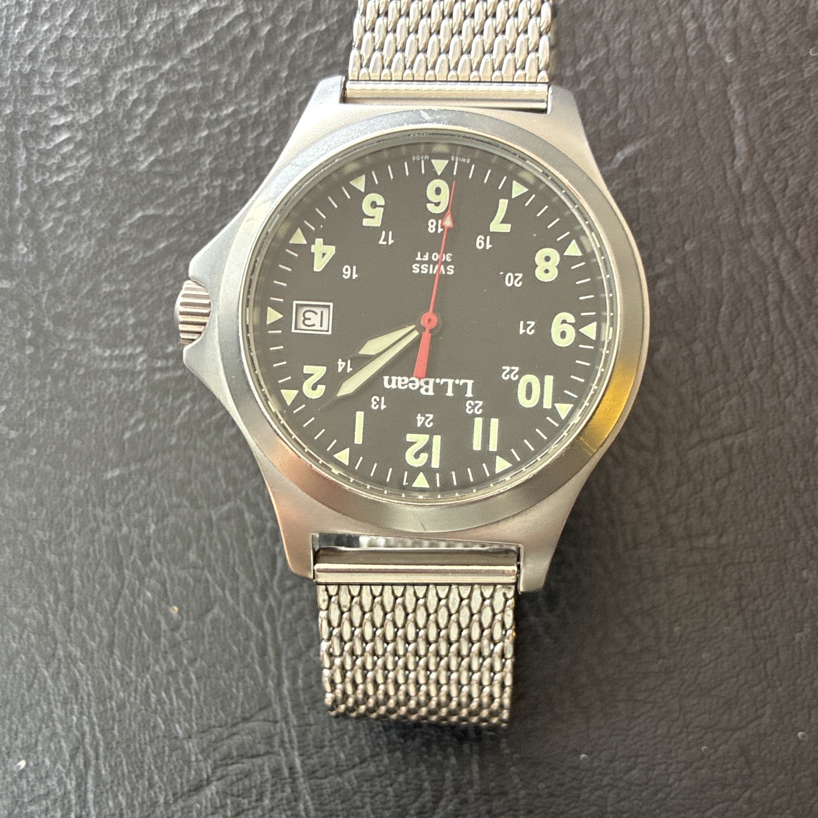 L.L.Bean Swiss Quartz Wristwatch Black Dial Date Silver Stainless Mesh 300ft
