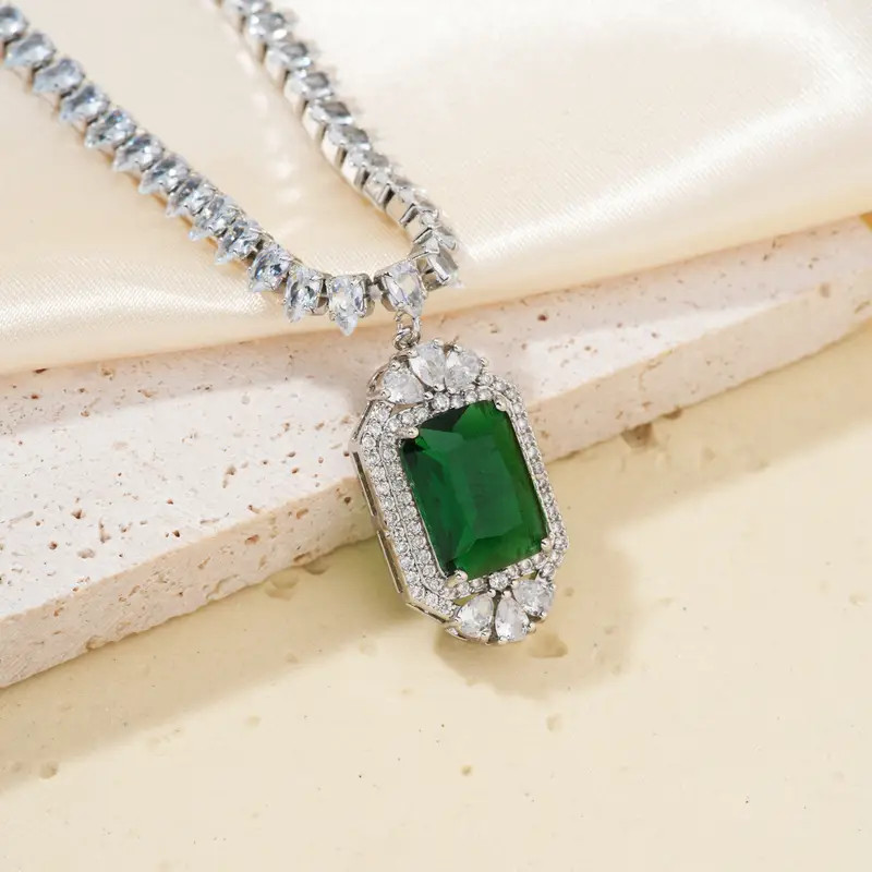 35 Ctw Emerald Lab Created Green Emerald Diamond Necklace 14K White Gold Plated