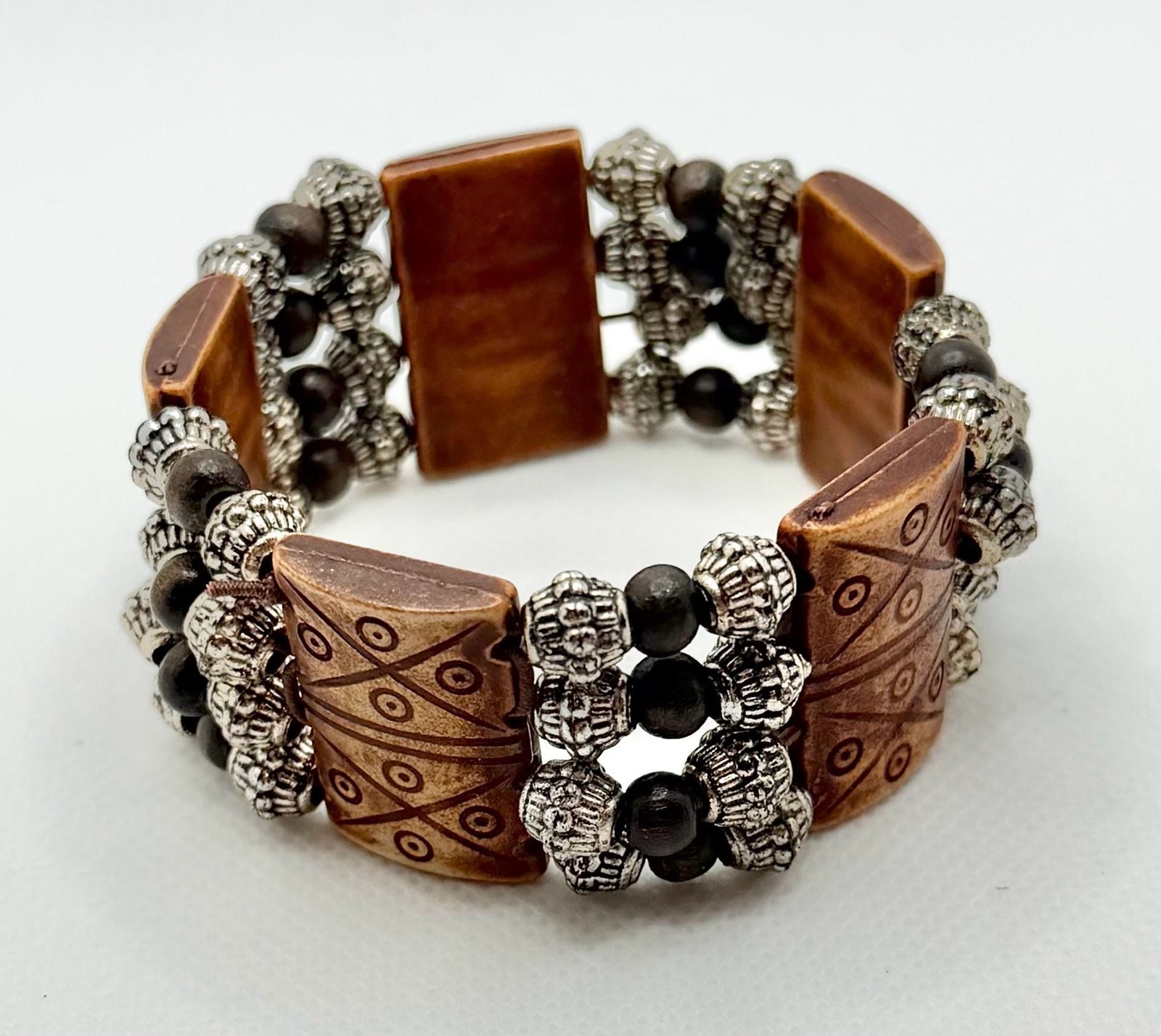 Boho Tribal Pattern Wooden Beaded Stretch Bracelet Etched Rectangular Panels