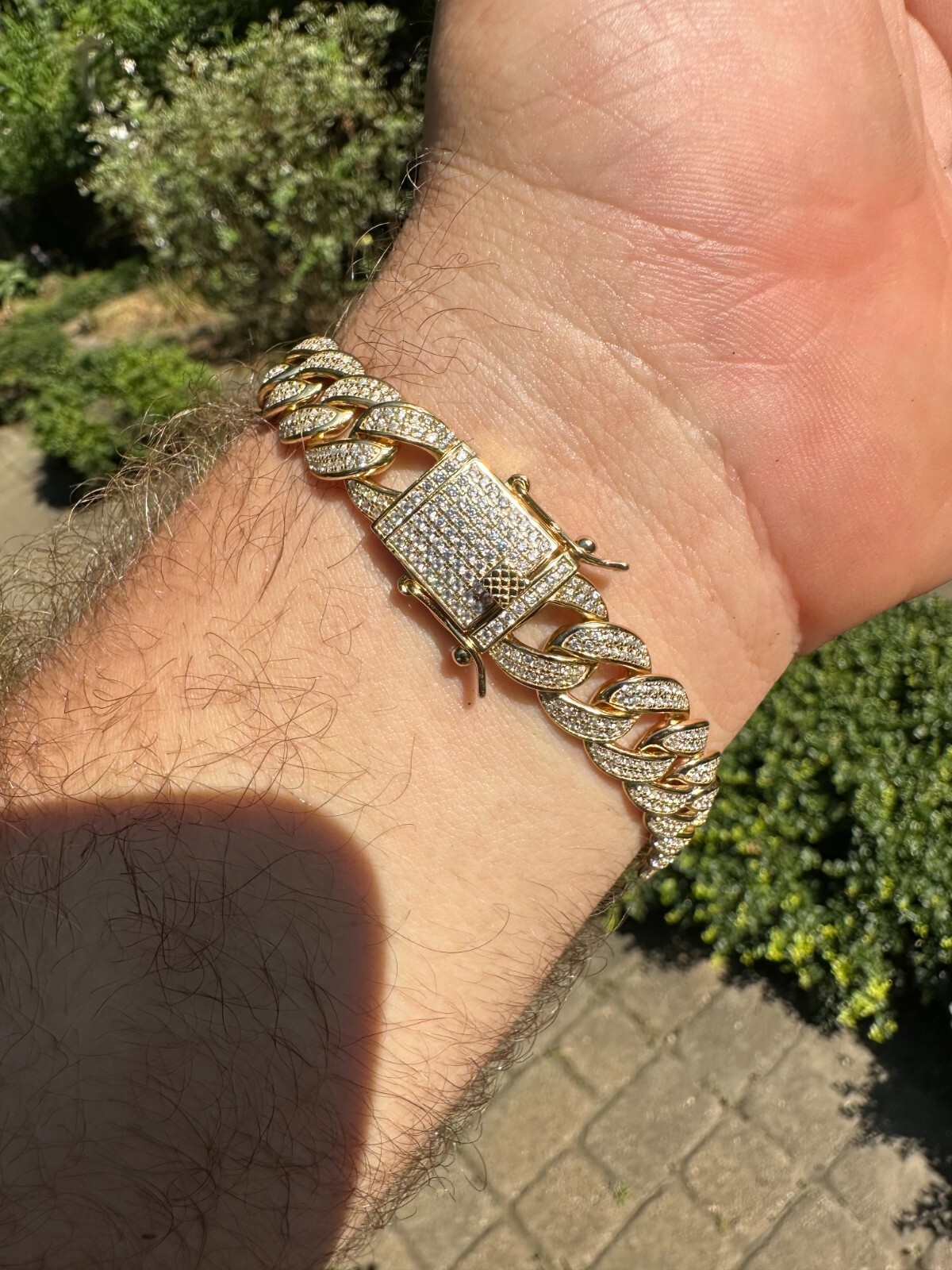 Mens Miami Cuban Link Bracelet Real Icy Solid 14k Gold Plated 925 Silver CZ 12mm