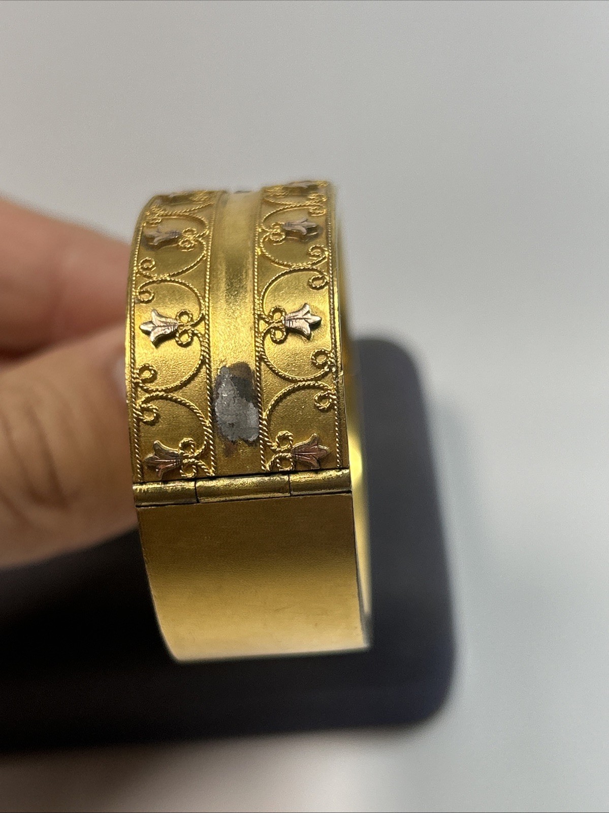 Victorian Etruscan Revival Gold Gild Wide Floral Motif Insert Clasp Bangle