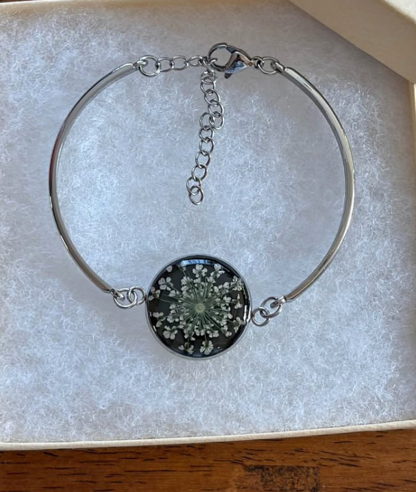 Handmade Floral Resin Bracelet – Stainless Steel – New with Gift Box – $20