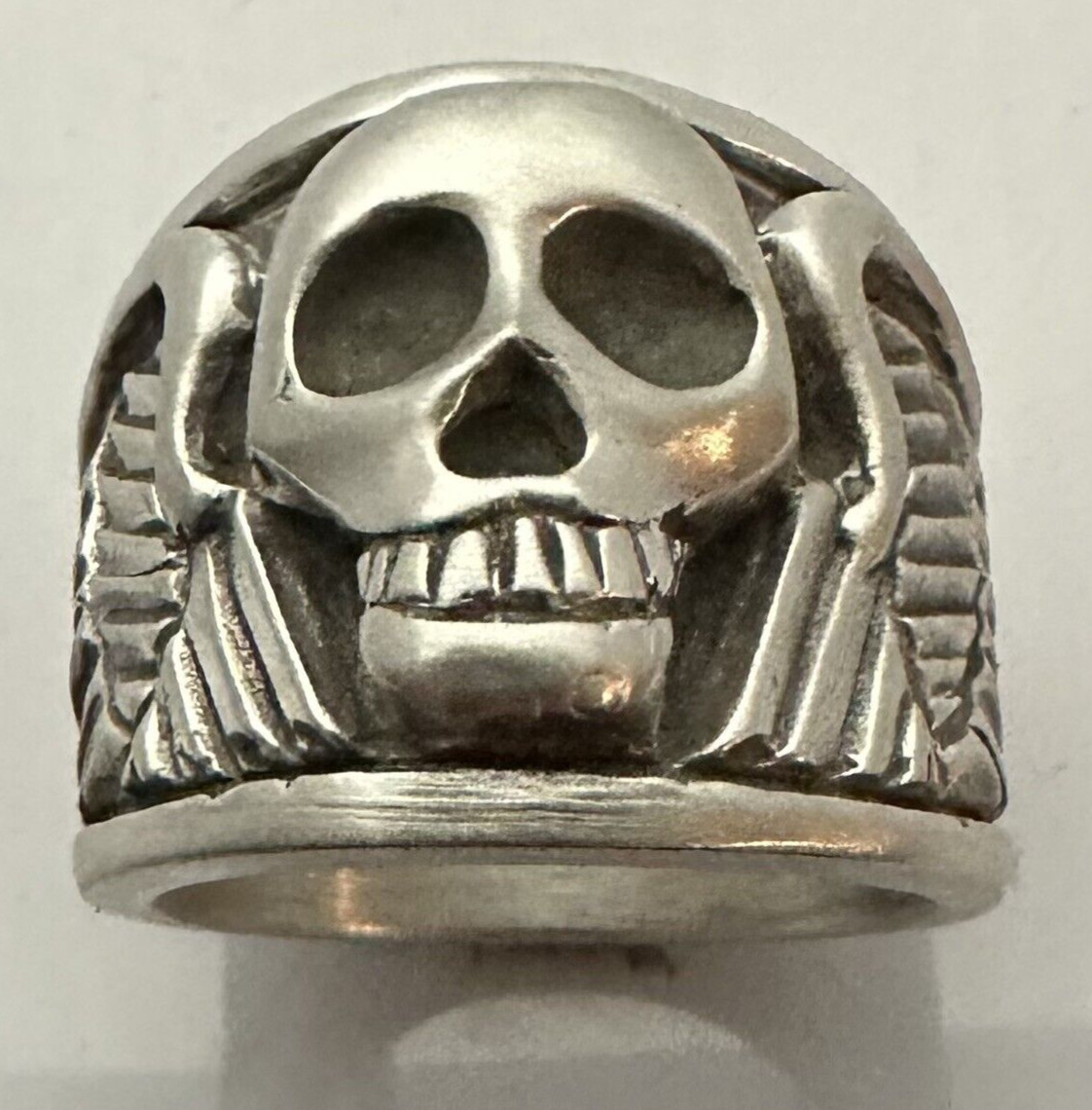 MJG STERLING SILVER WINGED SKULL RING @ 37 GR. Size 11 1/2. BIKER. GUITAR PLAYER