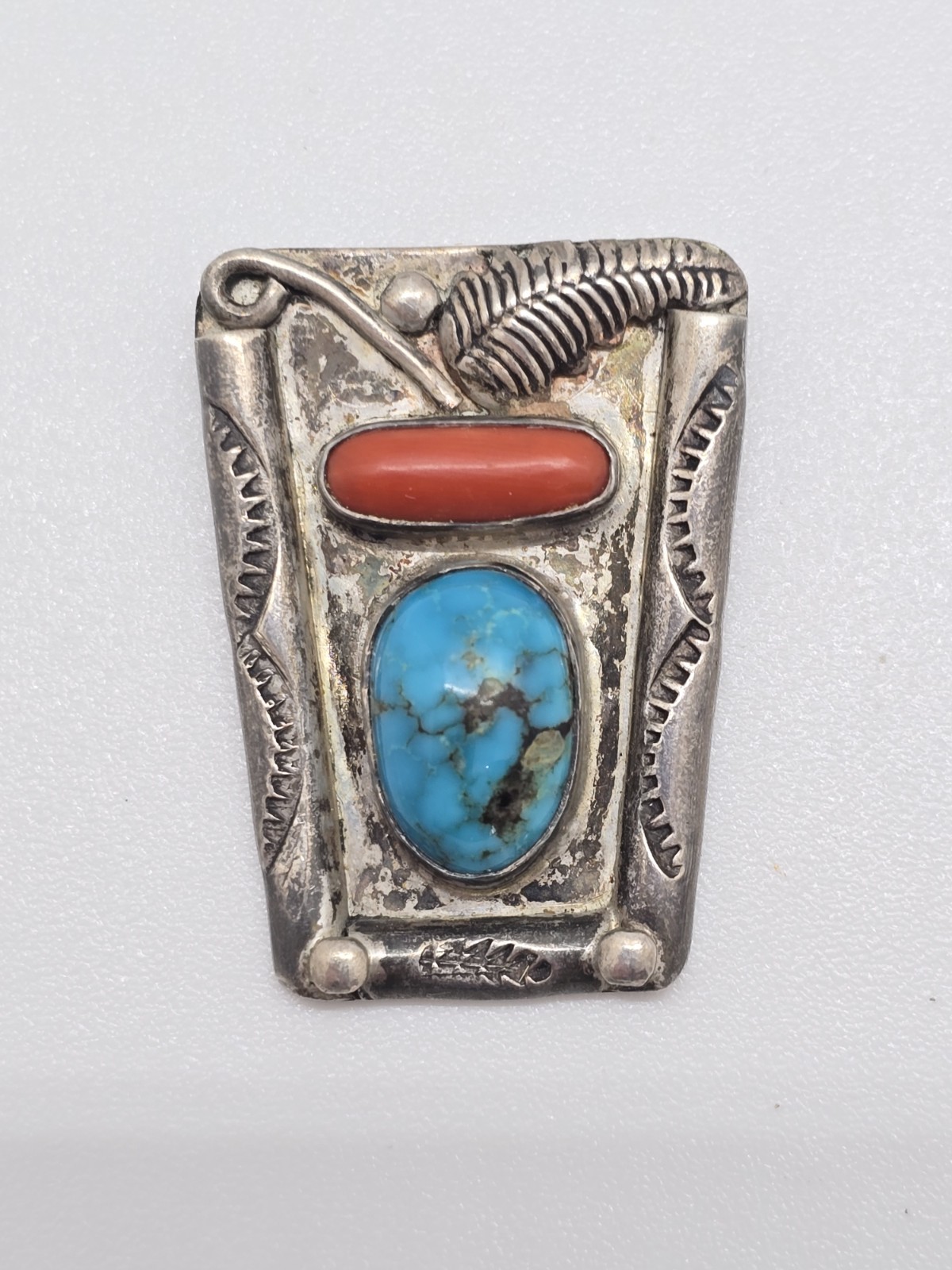 Vtg 1970s Navajo Sterling Silver Turquoise Coral Buckle Pendant Set Signed Begay