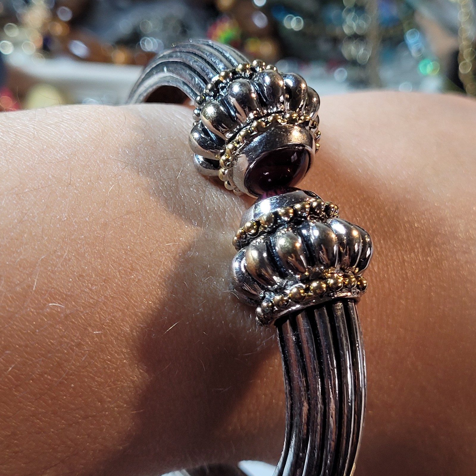 Vintage Heavy Silver And Gold Hinged Bangle Bracelet With Dark Burgundy Stones