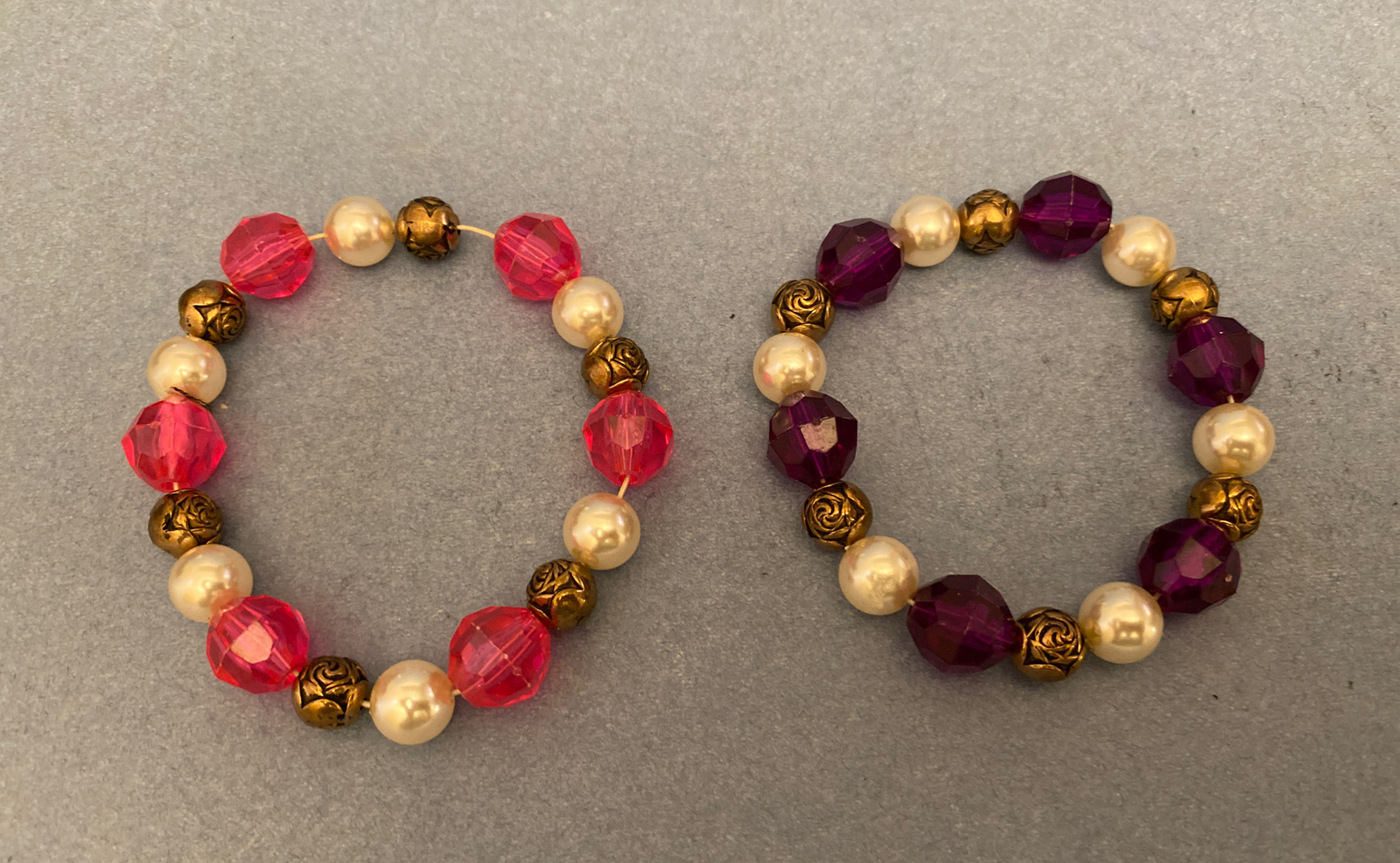 Vintage Set of Bracelets – Beaded Strings w/Gold Rose Beads, Approx 6-8” Lenght