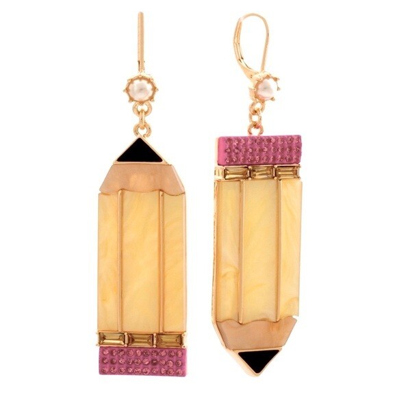 Betsey Johnson LARGE Pencil Earrings With Pink Rhinestones & Faux Pearls.