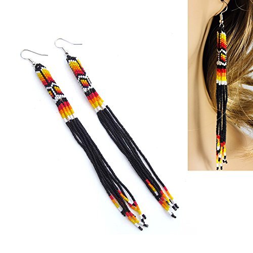 Black Fire Seed Beads Beaded Extra Long Earrings 5.5 Inch Handmade