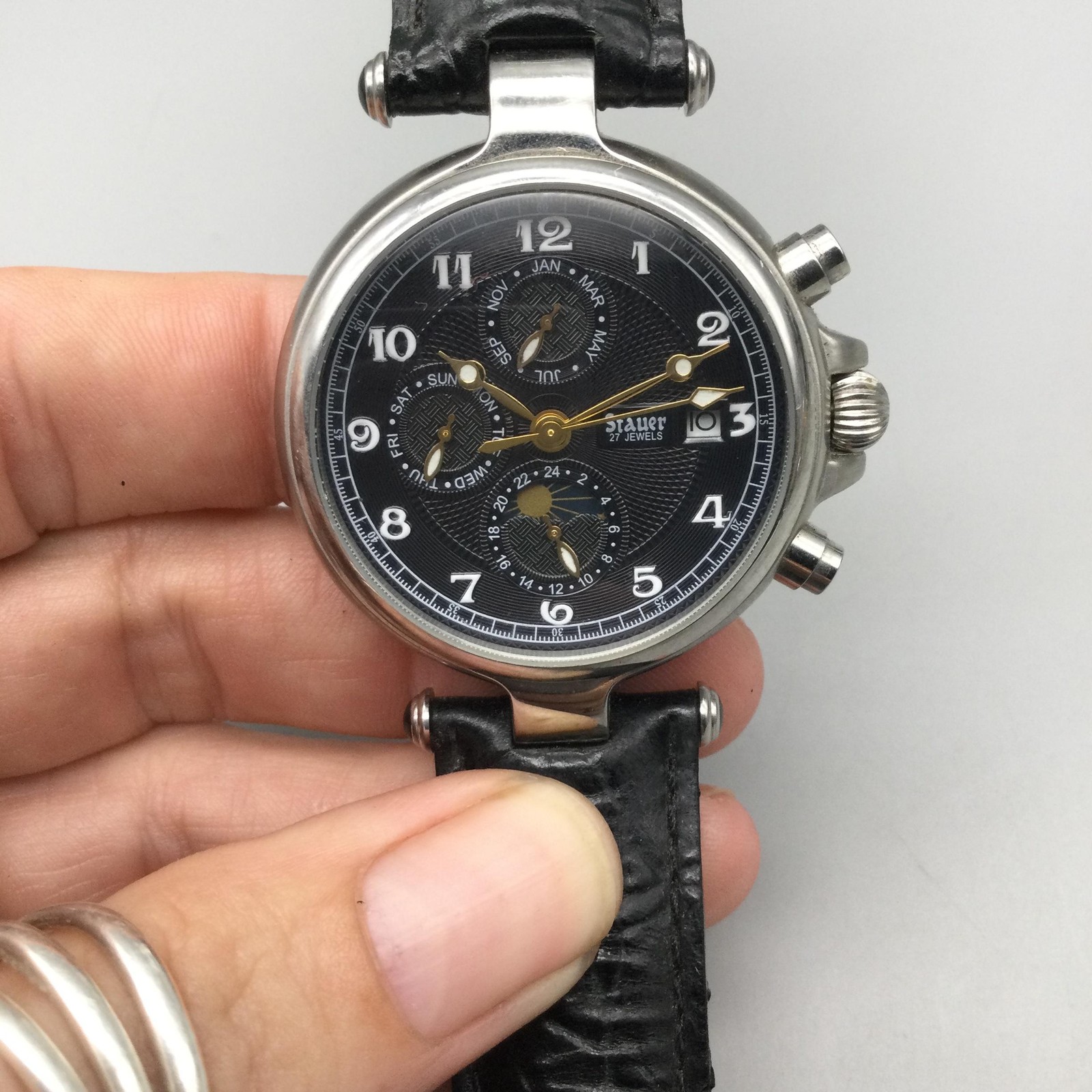 Stauer 27 Jewels Mens Watch 37mm Noire Moon Phase Day Date Month Automatic