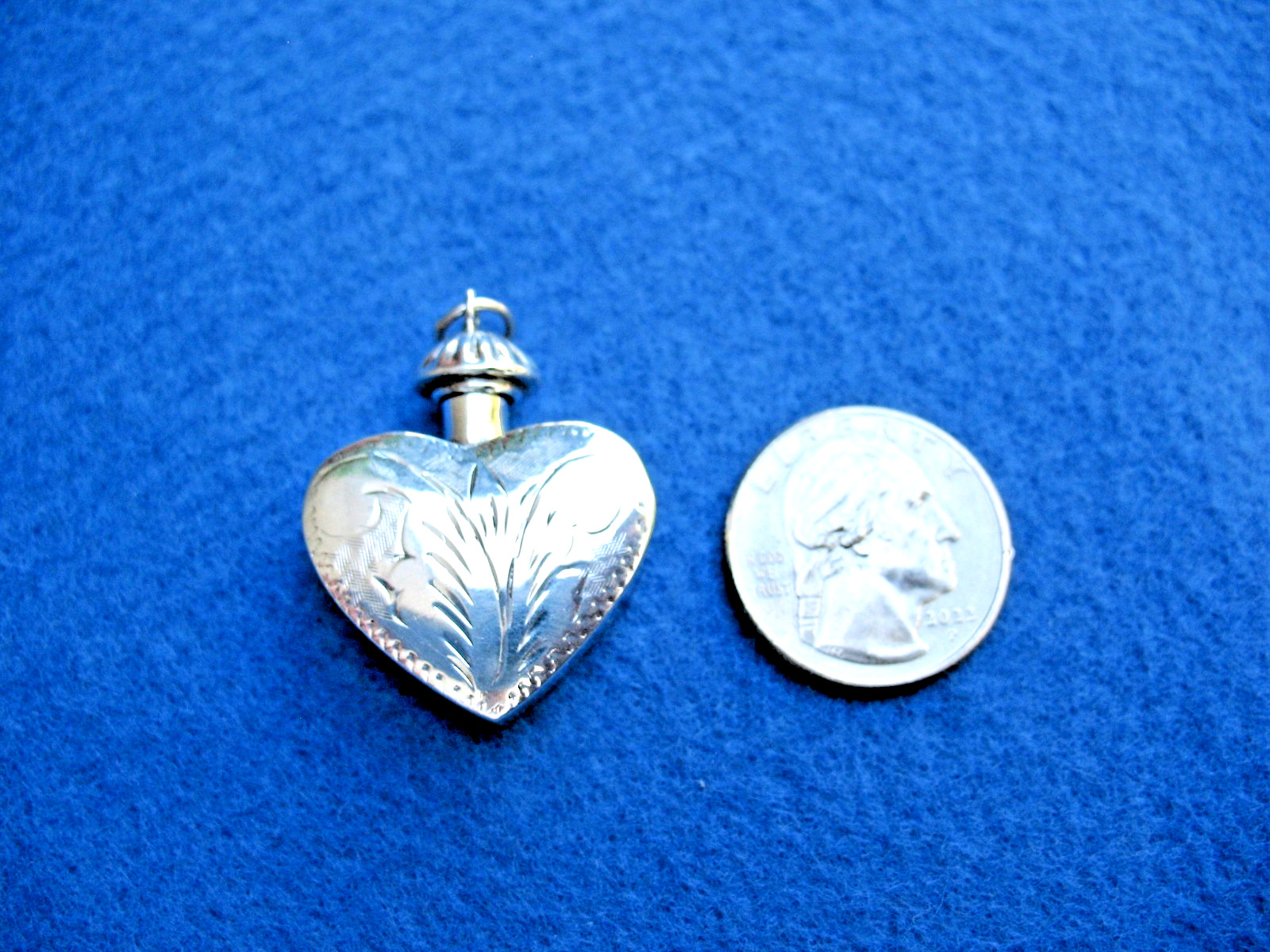 Vintage Sterling Silver Perfume /Scent Bottle Heart Pendant 1.5″ Drop