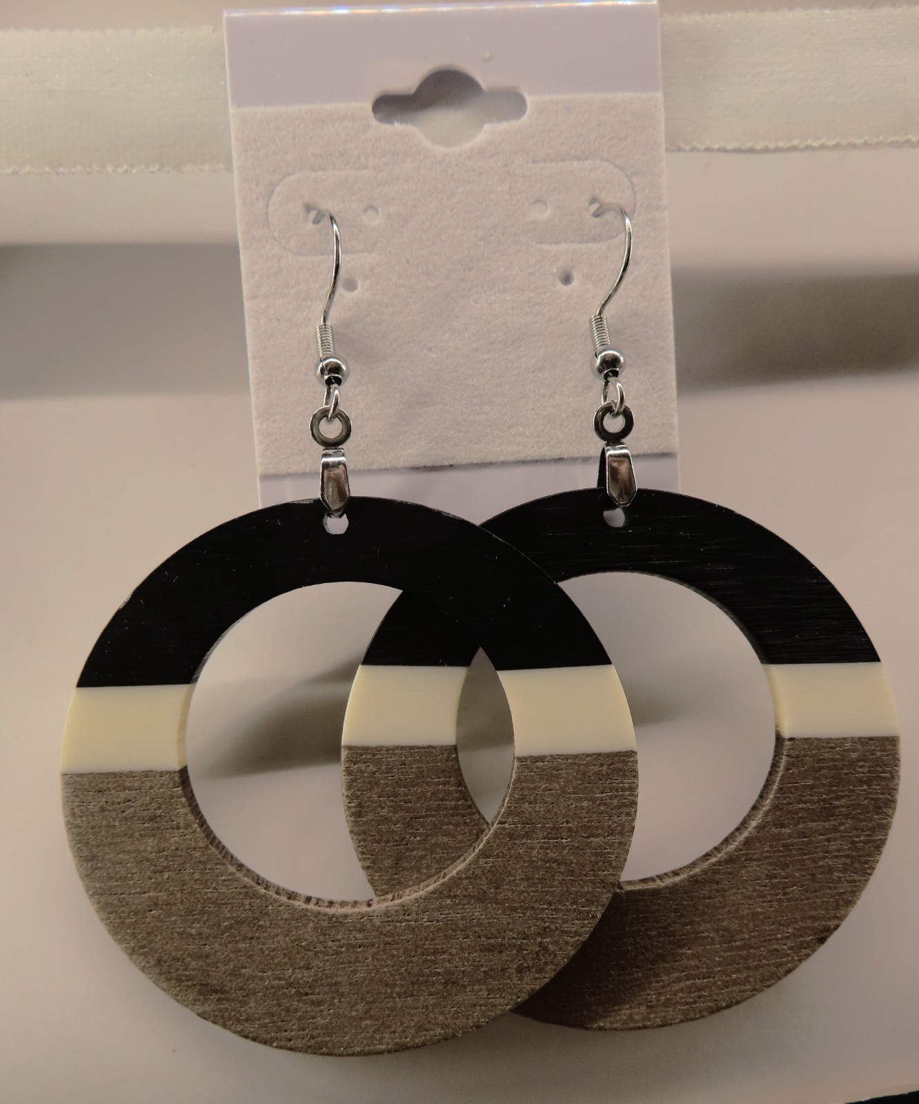Black, White and Brown Resin Hoop Style – Clay – 3″ Dandle Drop Earrings