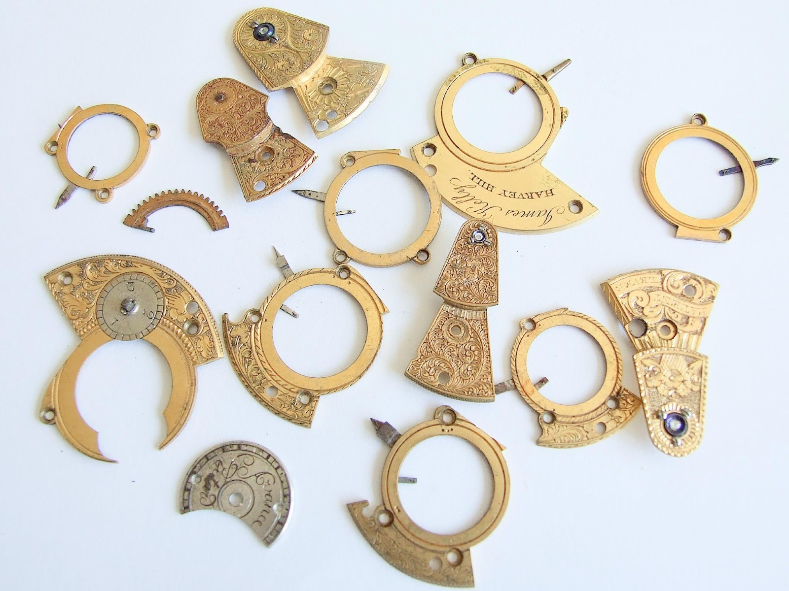 Verge fusee pocket watch parts, balance cocks, regulator plates etc