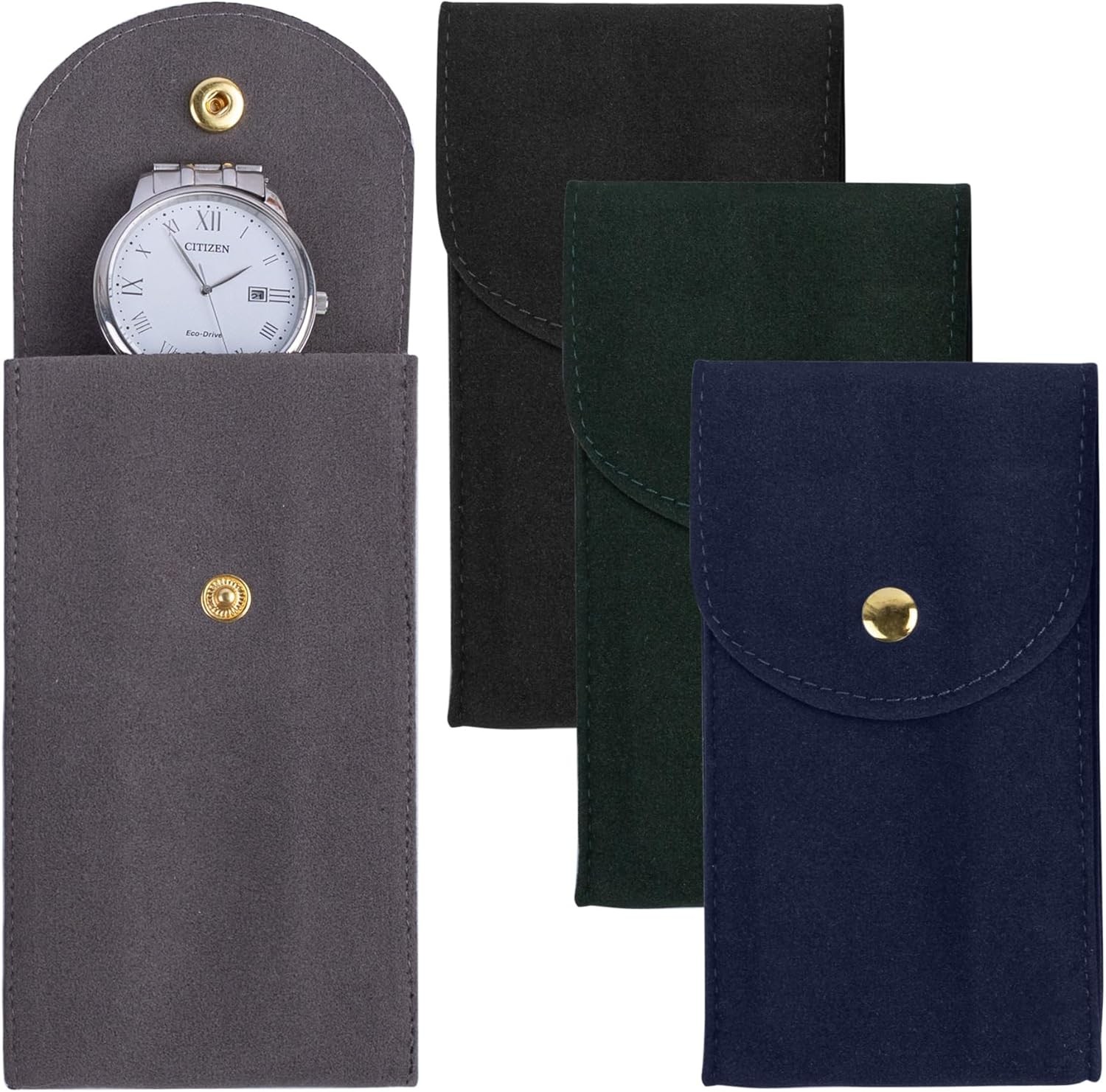Framendino, 4 Pack Velvet Watch Pouch with Snap Button 4 Pack, Multicolor