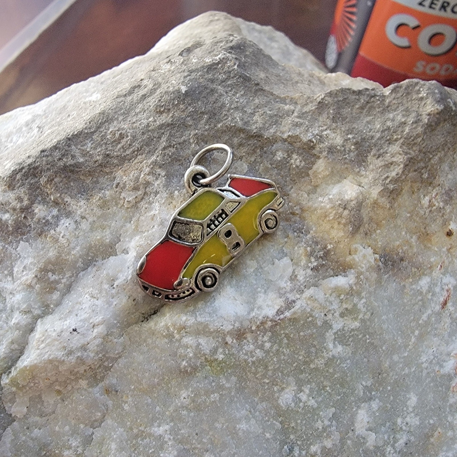 Vintage Charm Enamel Race Car Pendant Yellow Red 8 Silver Tone Sports Coupe Toy