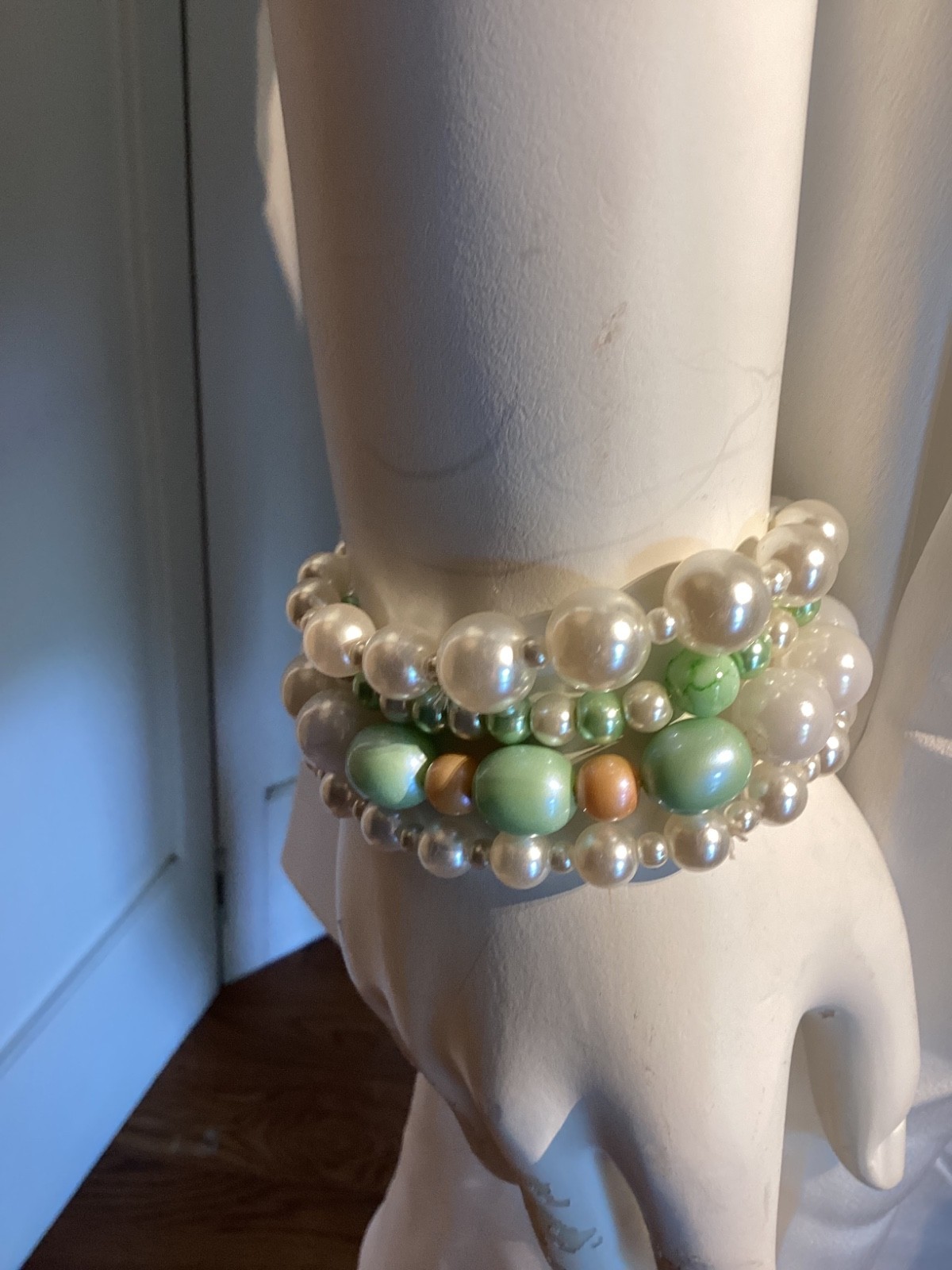 4 Pc Faux Pearl Stretch Bracelet Set Mint Green Beaded Stack Layering Boho Chic
