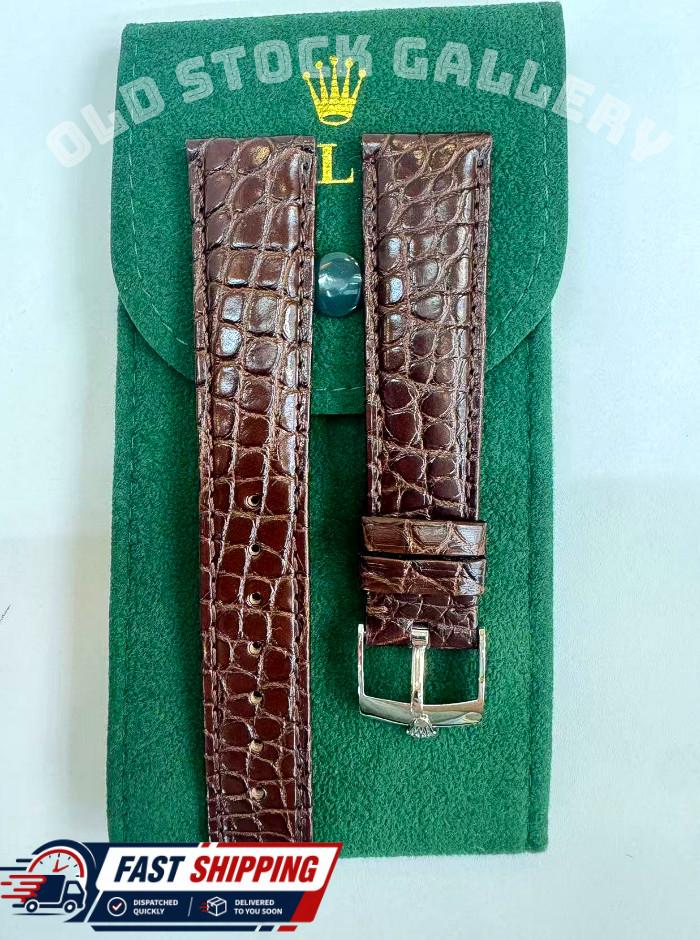 Hot ROLEX Leather Crocodile Band 19mm With Rolex Buckle Silver Plated NOS
