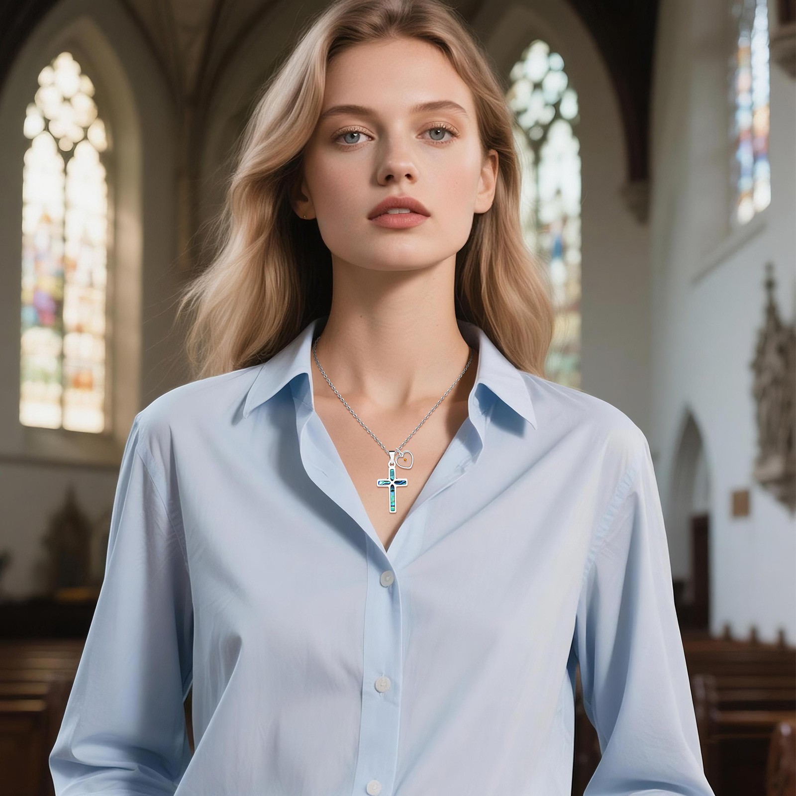 Women’s Girls Christian Mustard Seed Cross Heart Necklace Abalone Shell Pendant