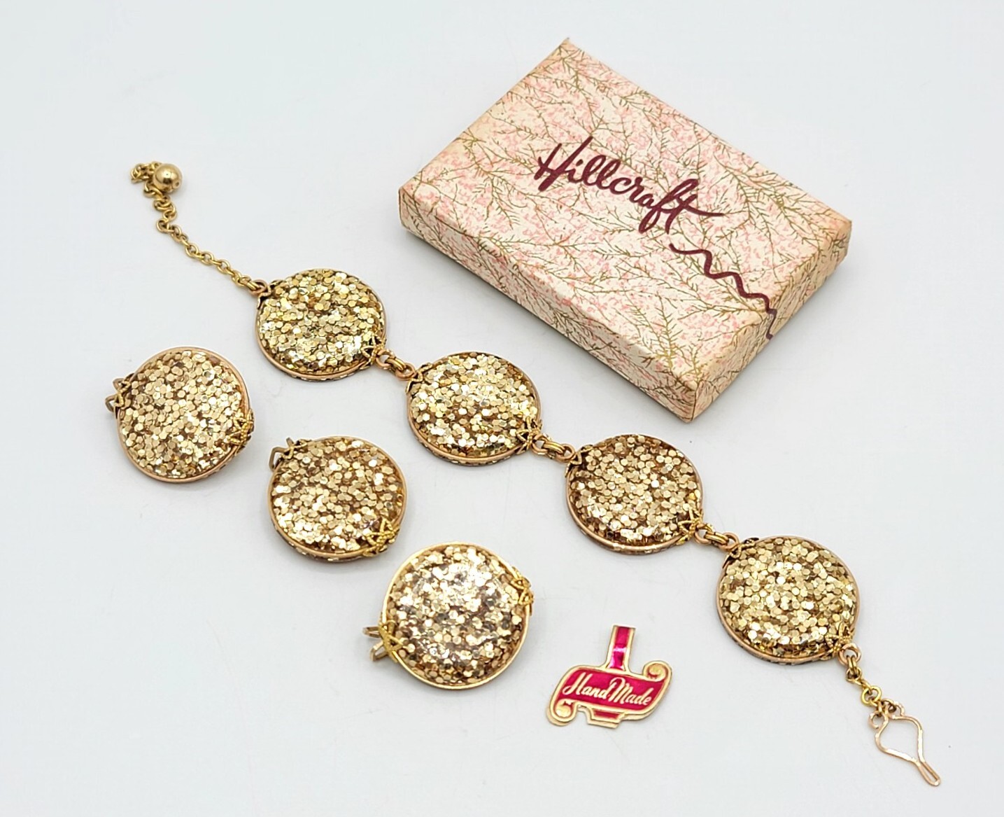 Vtg Rare Set HILLCRAFT Bracelet & Earrings Glitter Lucite Gold Filled Jewelry