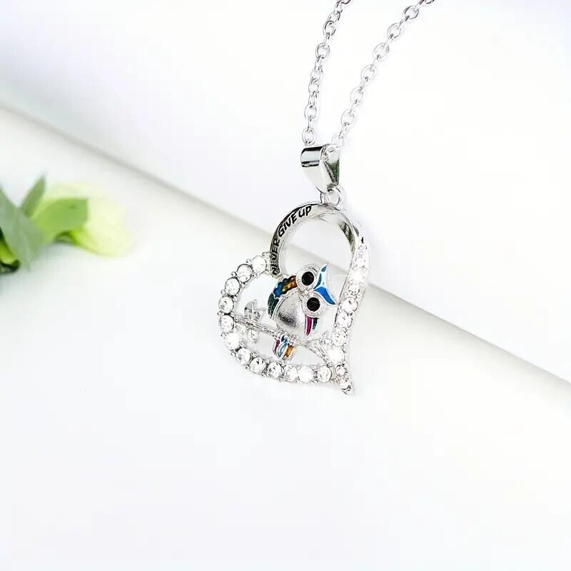 “NEVER GIVE UP” Hollow Heart-Shaped Owl Zircon Pendant Necklace Jewelry Fashion