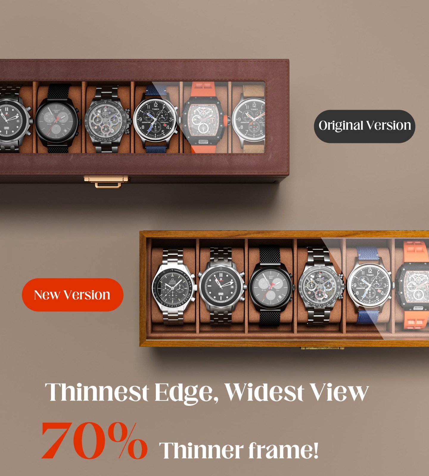 Men’s Watch Case Box – 7 Slots, 2-Layer Wood Grain Organizer with Jewelry Drawer