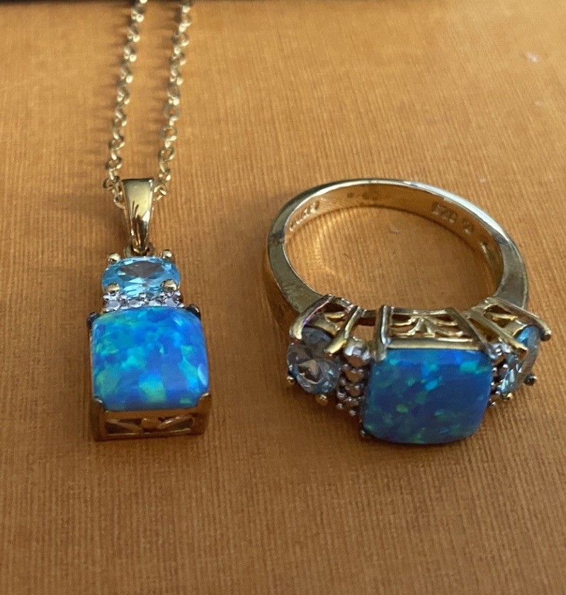 New TECHNIBOND Blue Lab Opal Topaz White CZ Necklace Ring Set HSN Lot