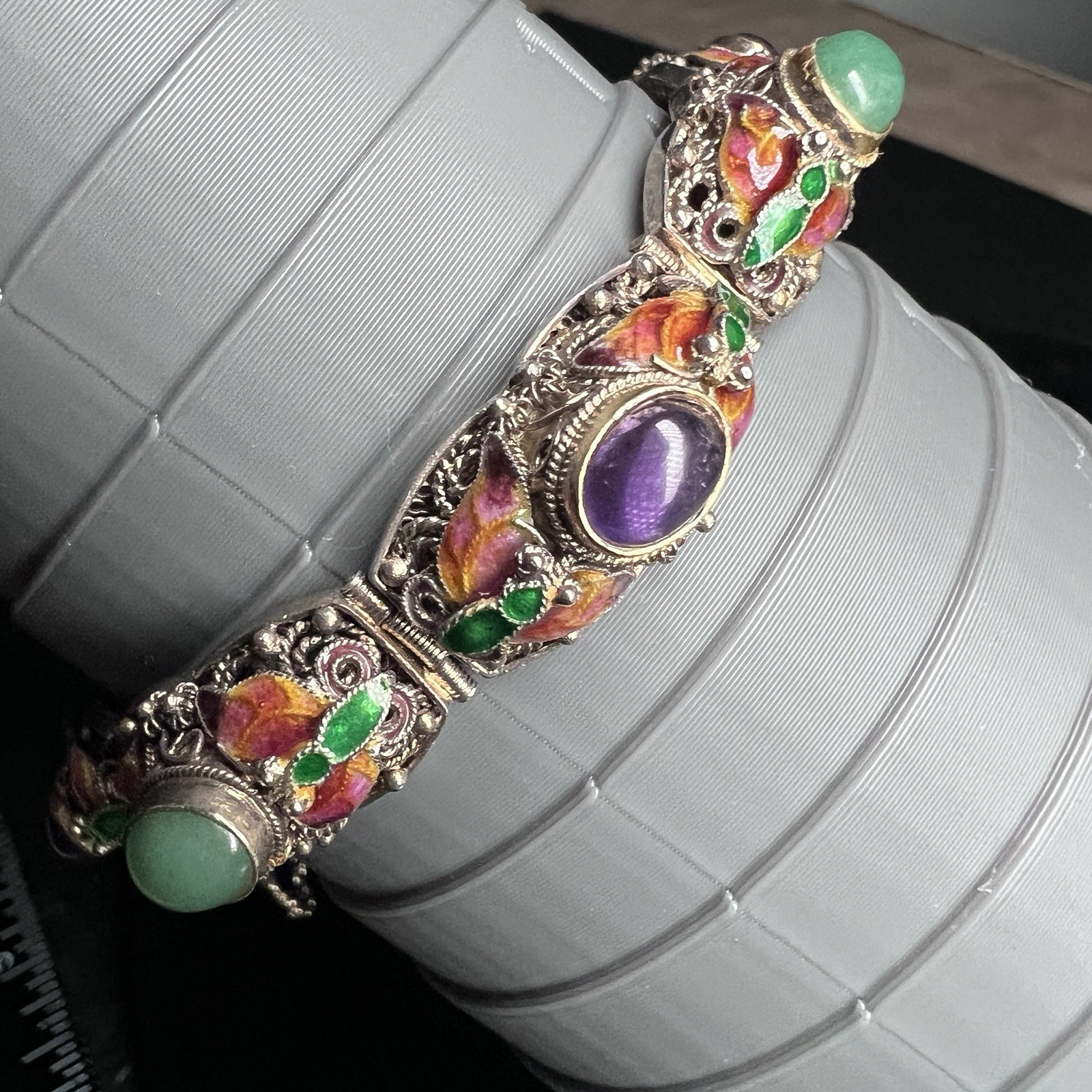 Vintage Chinese Export Silver Vermeil Filigree Enamel Bracelet 7.25″ 34g