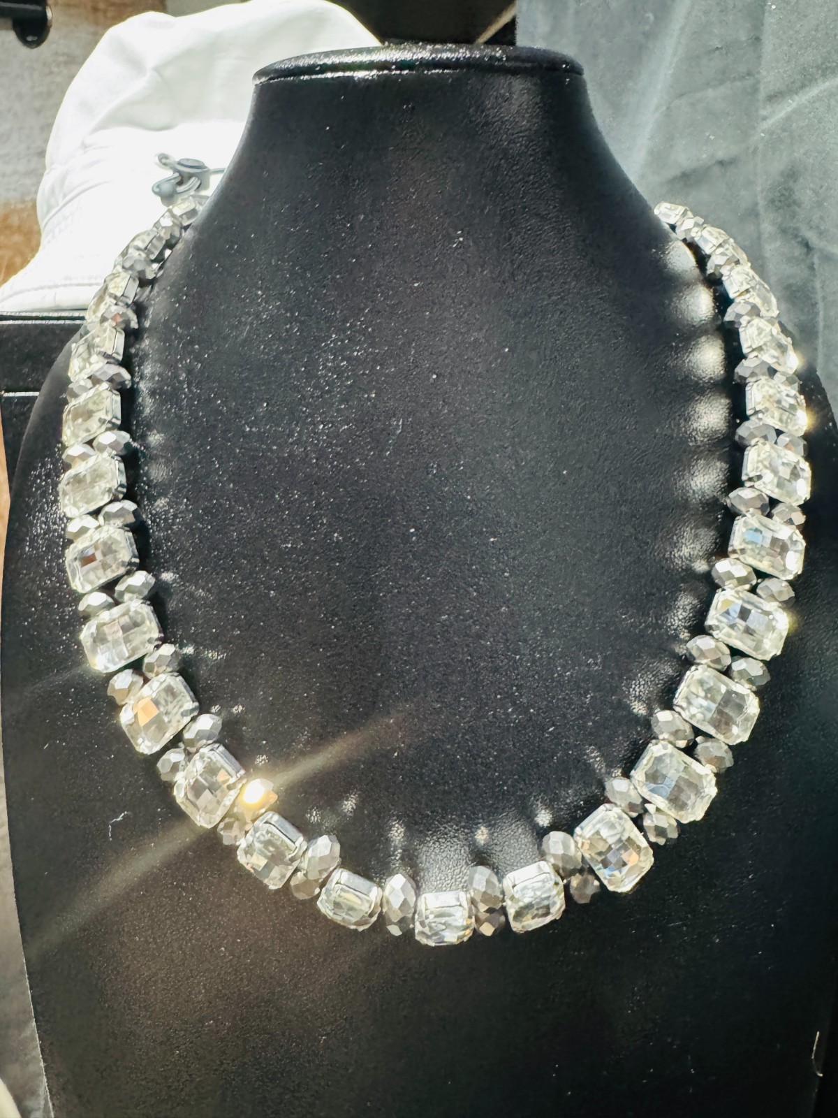 Tennis Necklace Chain Diamond White Rhinestone 13 x 18 mm Silver Metallic Beads