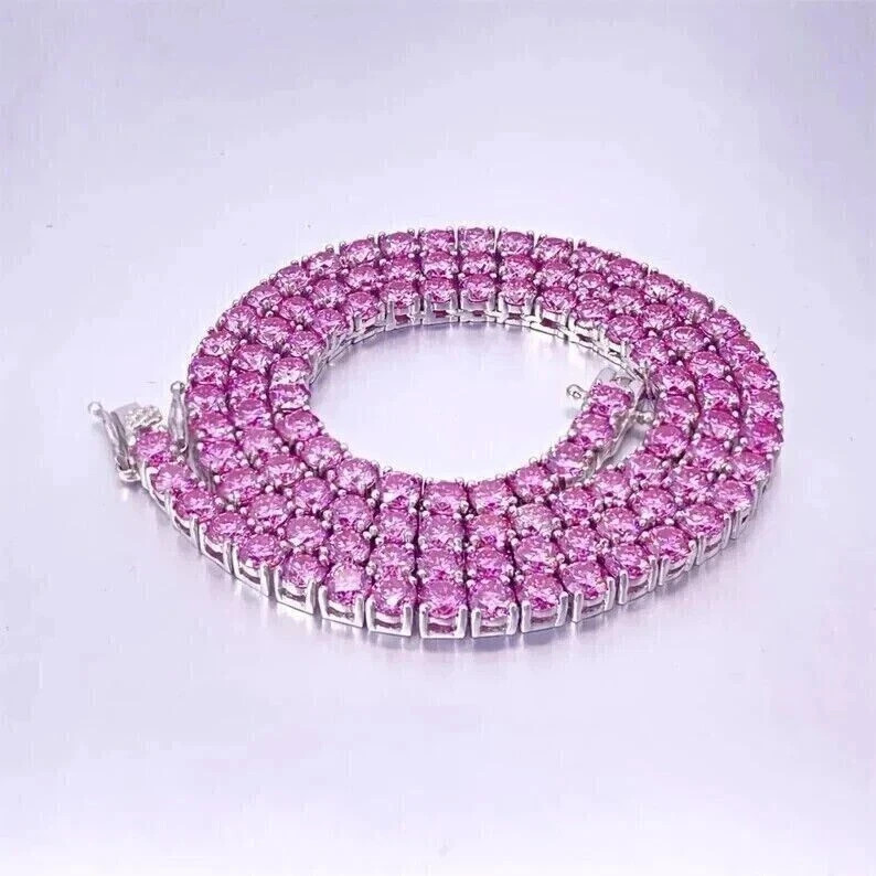 18CT Round Cut Lab Created Pink Sapphire Tennis Necklace 14K White Gold Plated