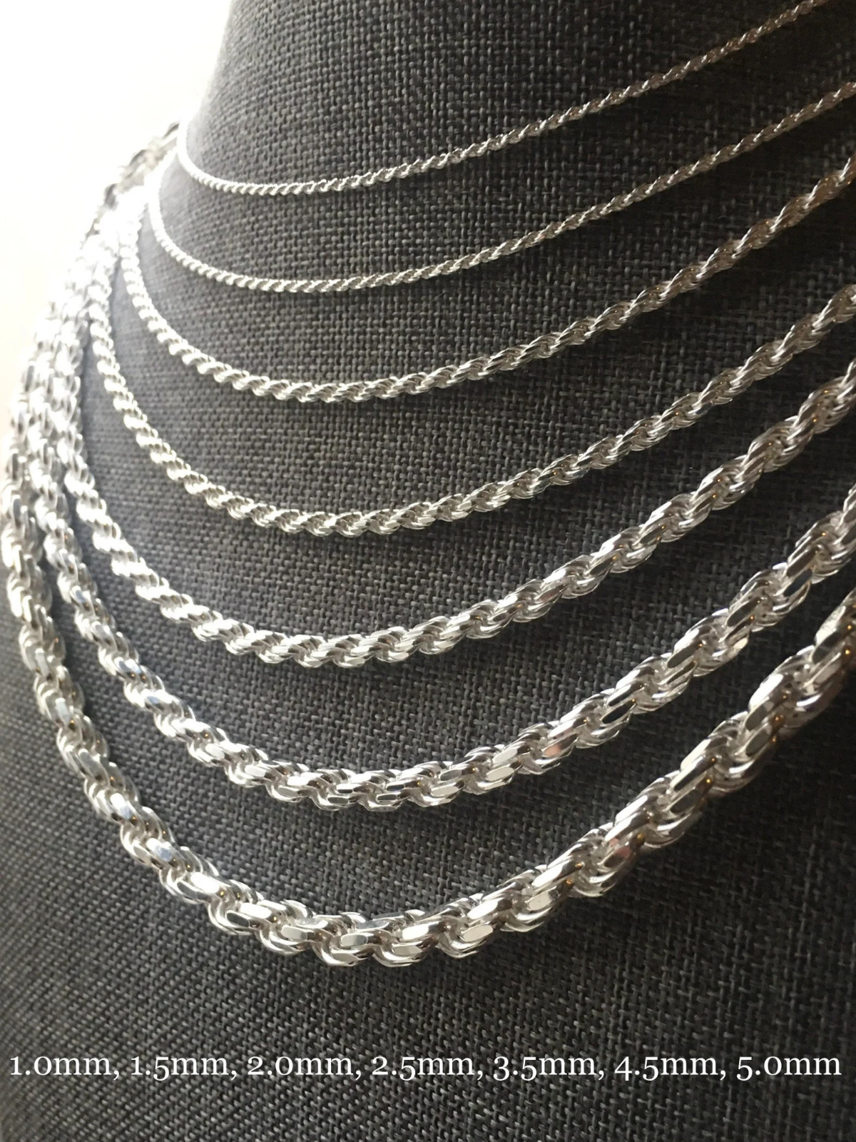 925 Sterling Silver Rope Chain Necklace 1mm-5mm 14-36 inch Italy