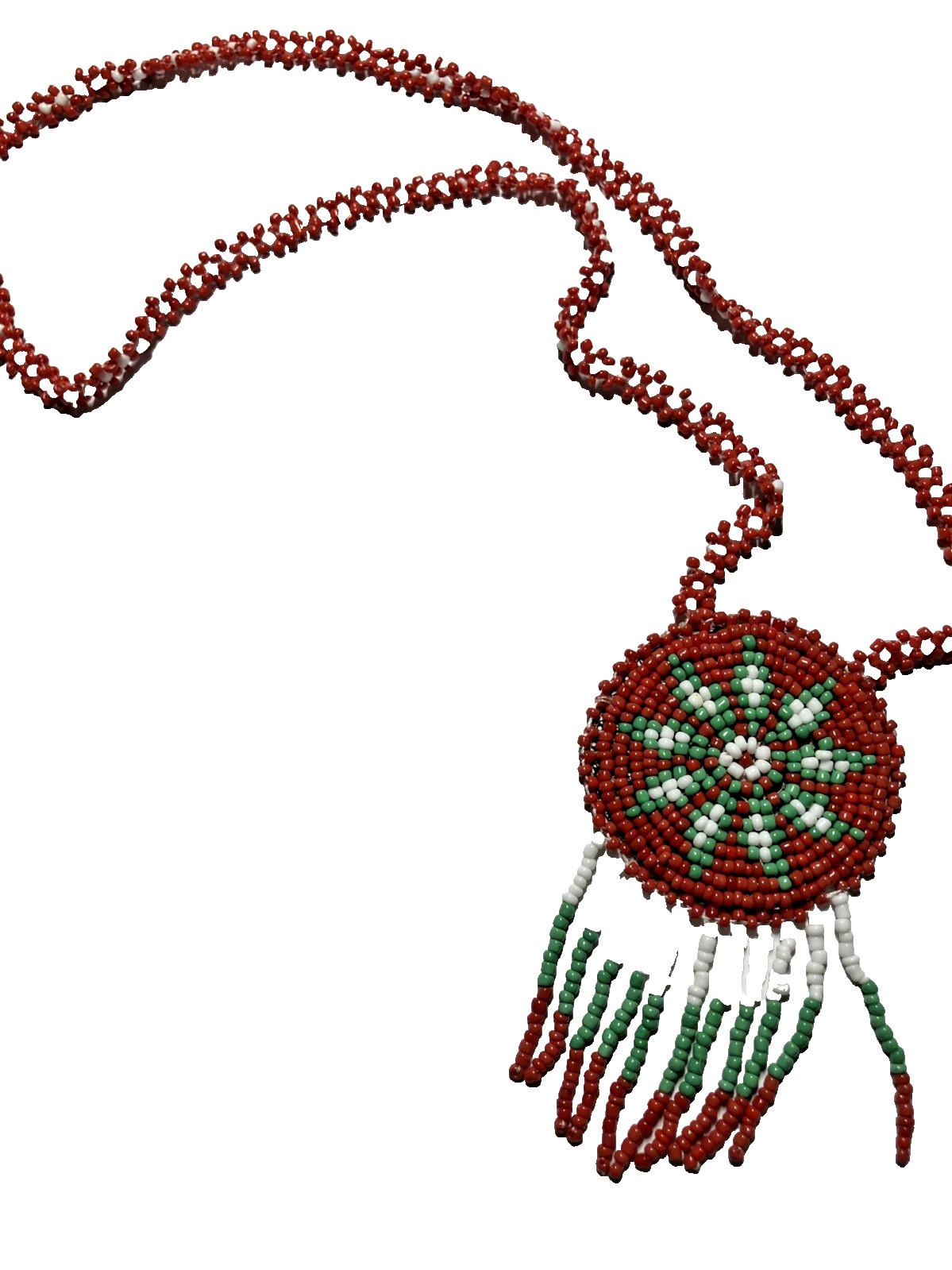 Native American Handmade Seed Bead Necklace 12″ Length Red w White Teal Detail