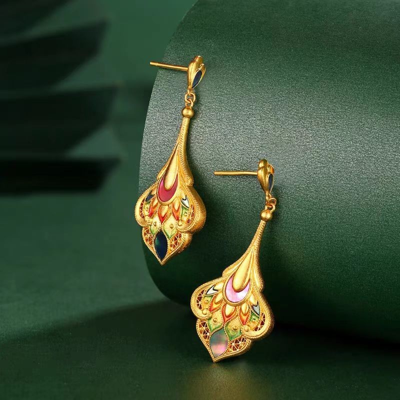 New Chinese Phoenix Feather Enamel Earrings Palace Women