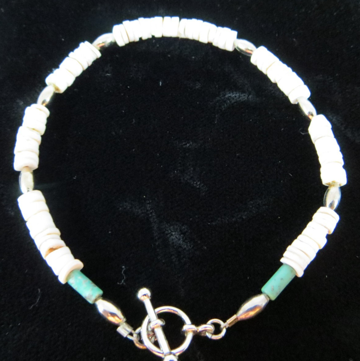 Heishi Bracelet, 9 in, Heishi White/Brown Shell, Turquoise & Silver-Plated beads