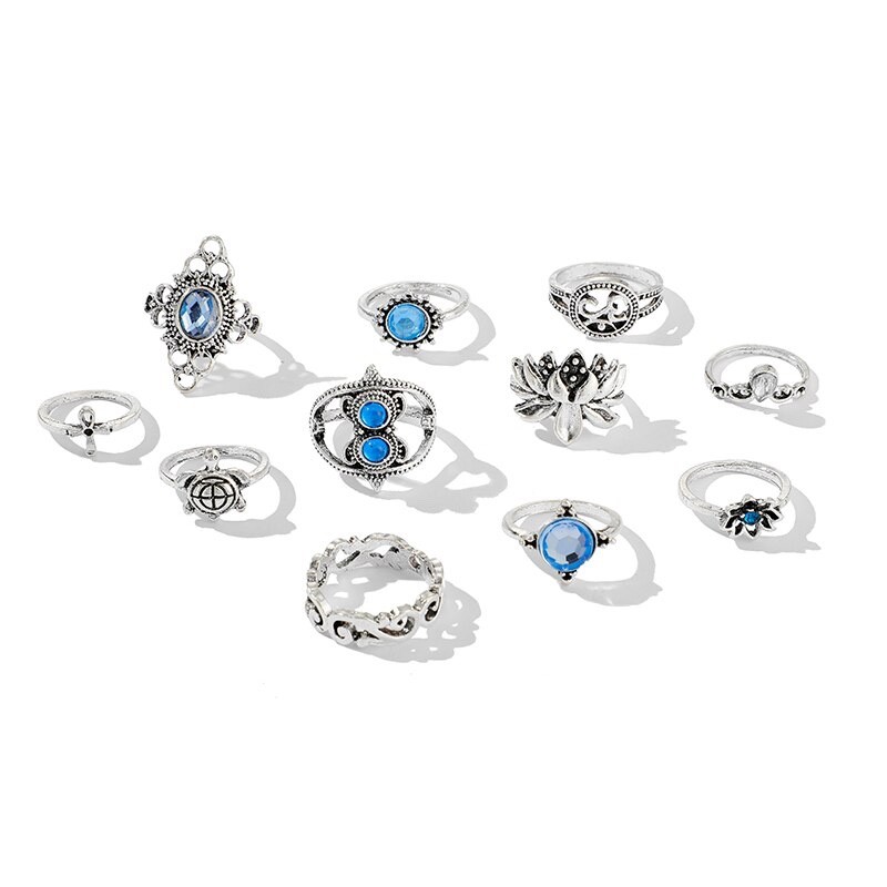 Bohemian 11PC Ring Lot Ring Popular Silver Tone Boho Lotus Rings NEW