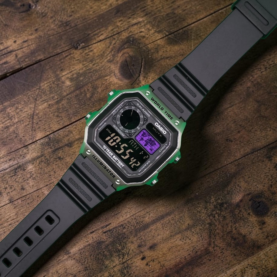 CASIO AE-1200WHD. Royale Watch Mod. Negative Display. Purple World Map
