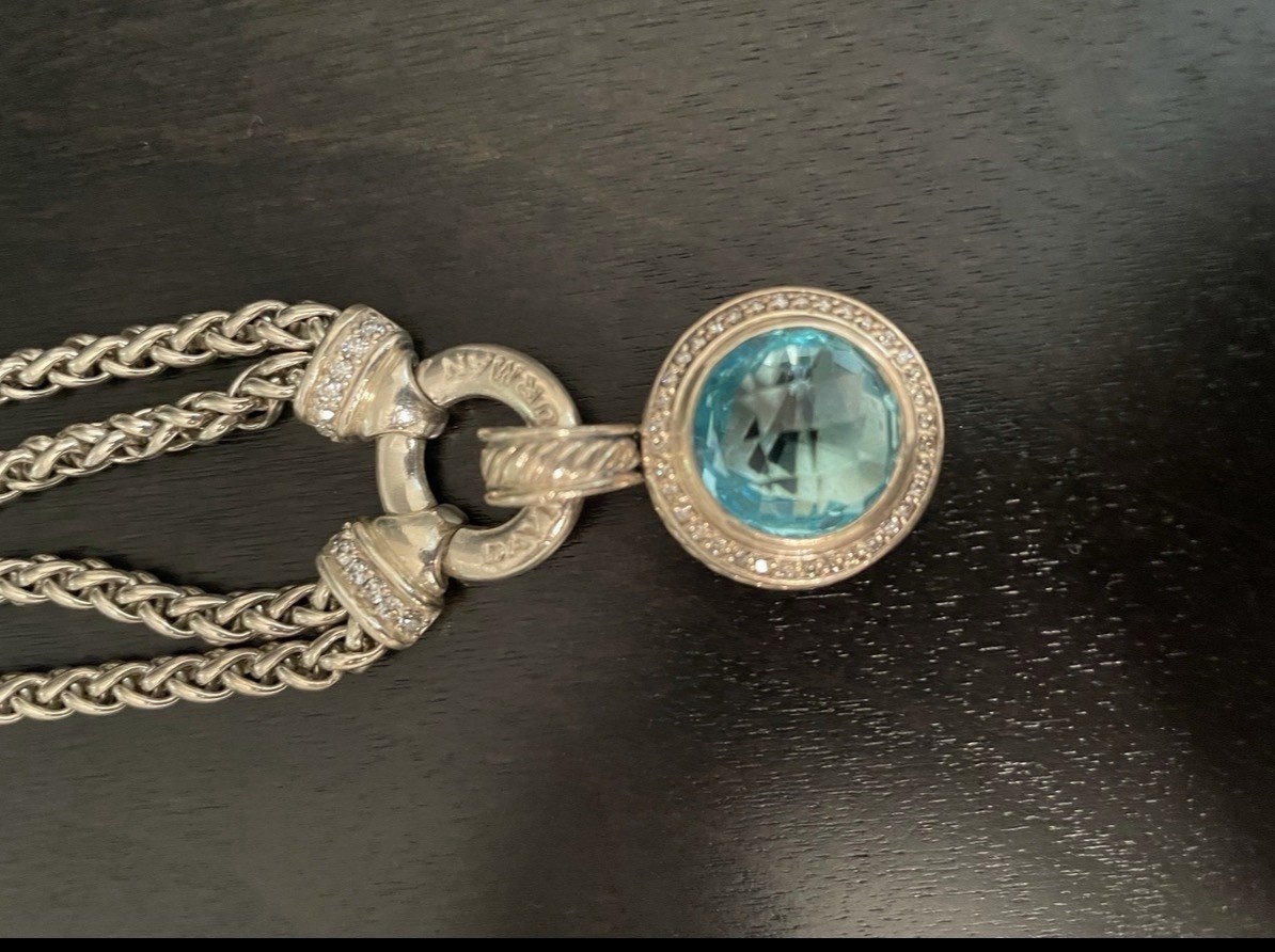 David Yurman Sterling Silver 925 Blue Topaz Diamond Bezel Cable Necklace