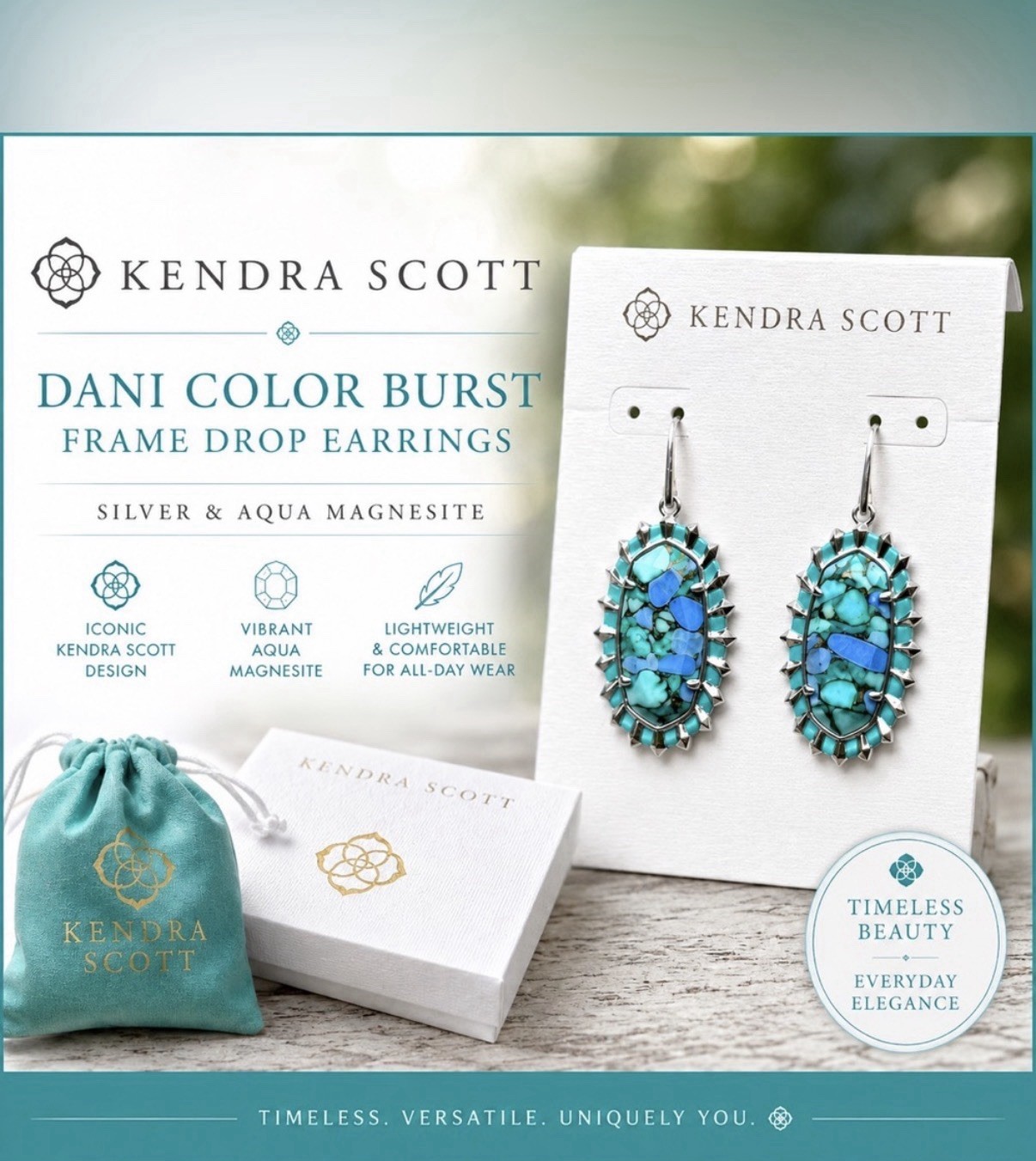 Kendra Scott Dani Color Burst Frame Drop Earrings Silver Tone Aqua Magnesite