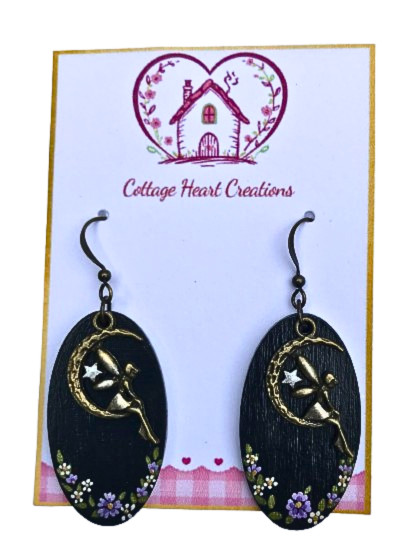 Artisan Hand Painted Black Moonlit Fairy Garden Wood Dangle Earrings Fairycore