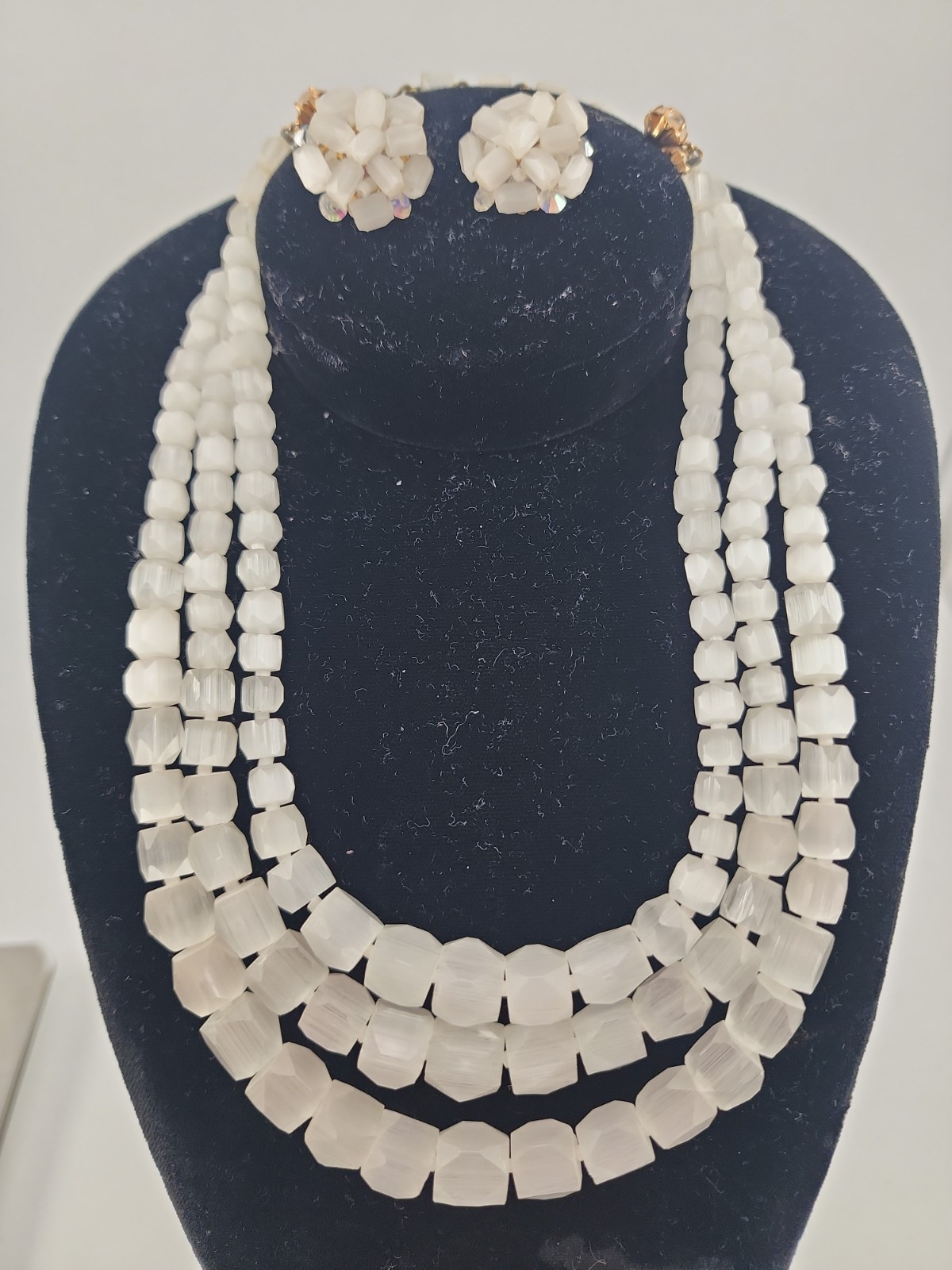 Vintage Czech Glass Triple Strand Necklace Pentagon Faceted White Satin Atlas