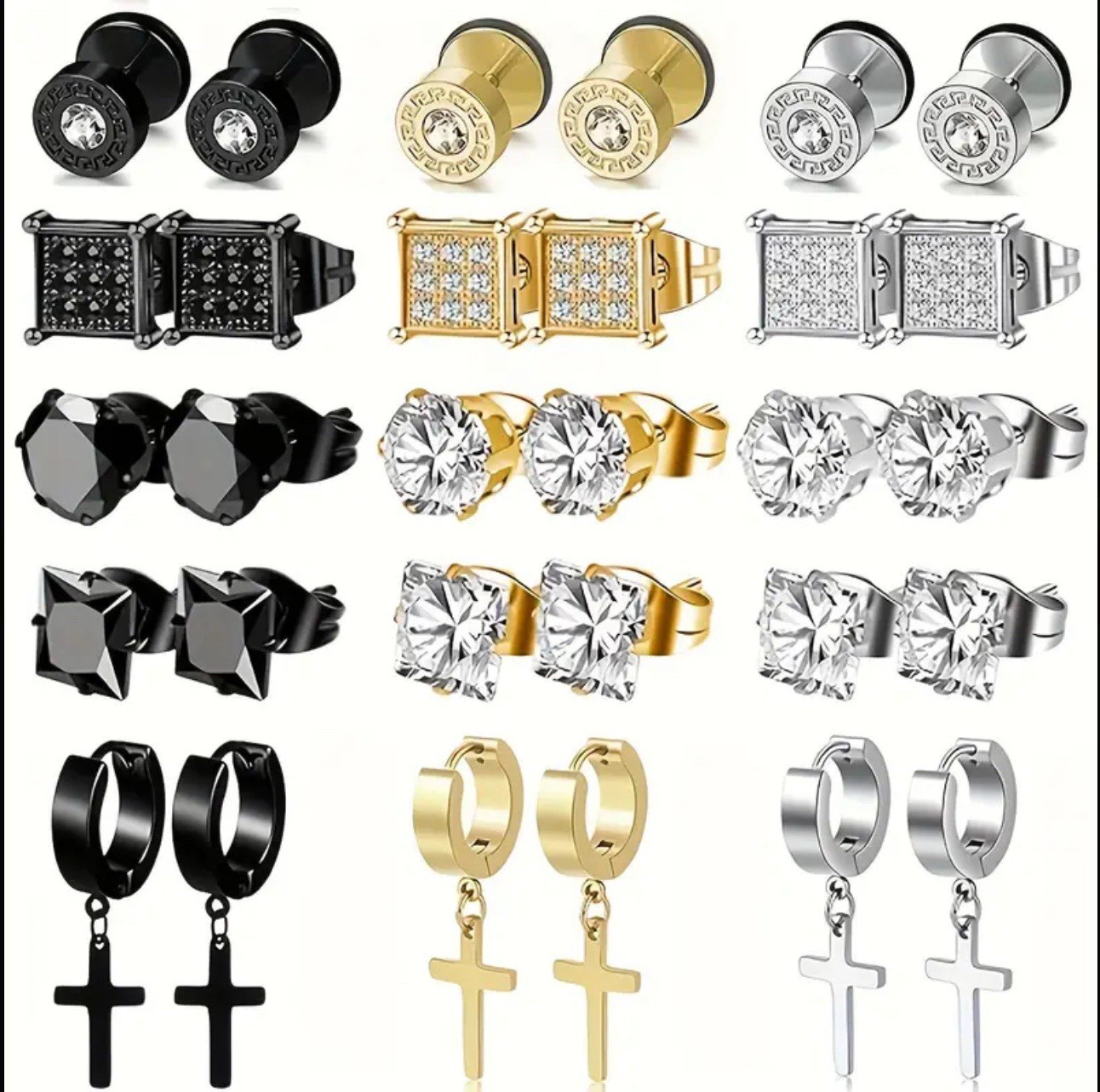 Mens Earrings Set Stainless Steel 15 Pairs CZ Black Silver Gold
