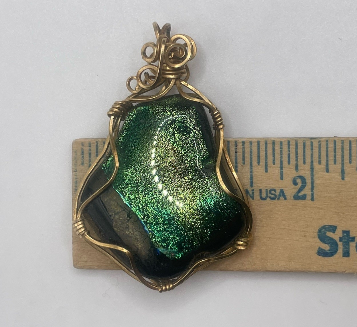 Blue Green Gold Dichroic Glass Pendant Handmade Gold Tone Wire Wrapped