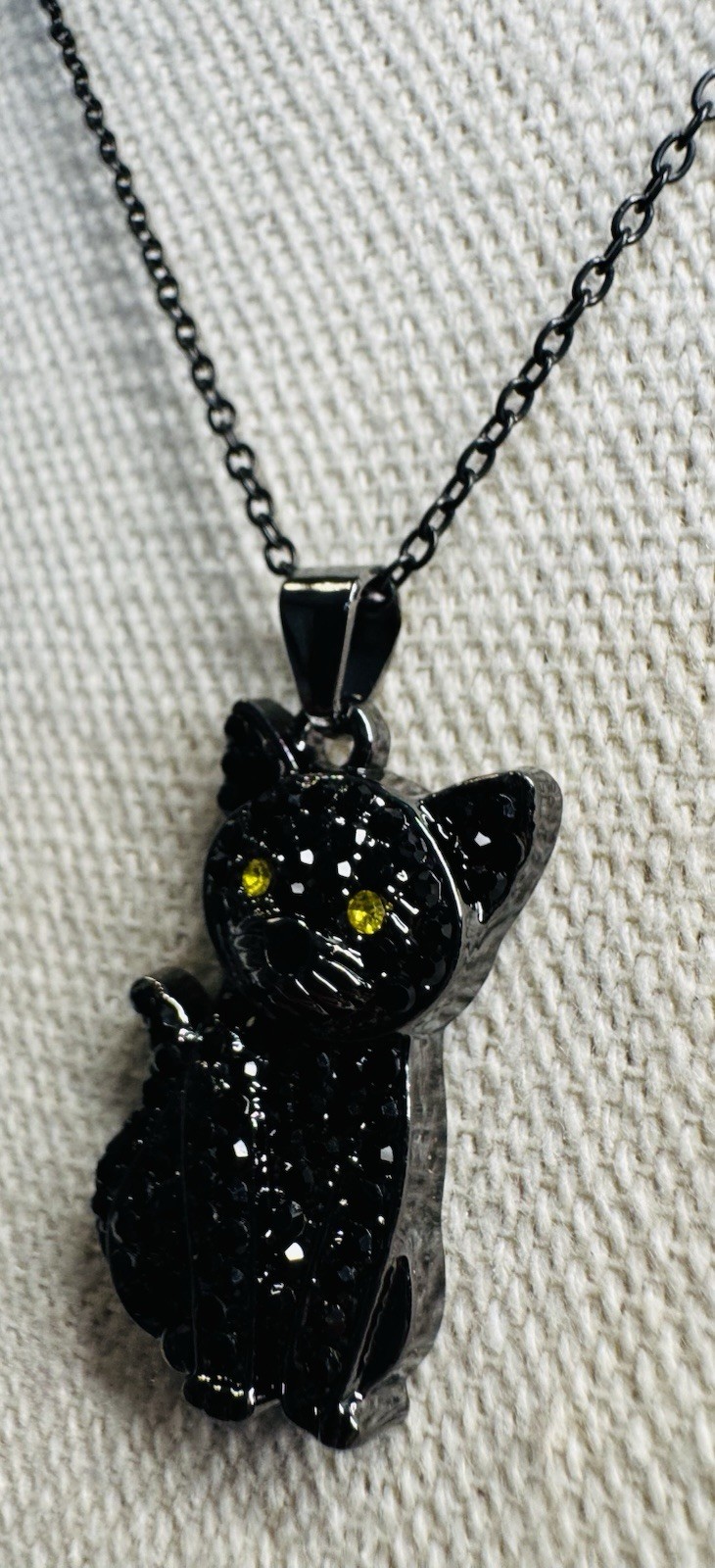 Adorable Black Rhinestone Kitty Cat Pendant On Black Chain Necklace