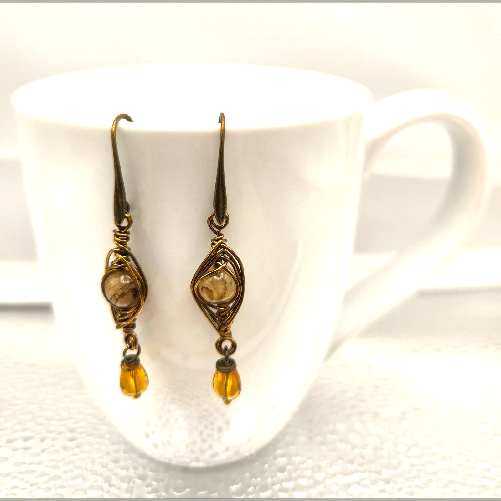 Handmade Stone Herringbone Wire Wrapped Dangle Earrings Gold Silver Bronze
