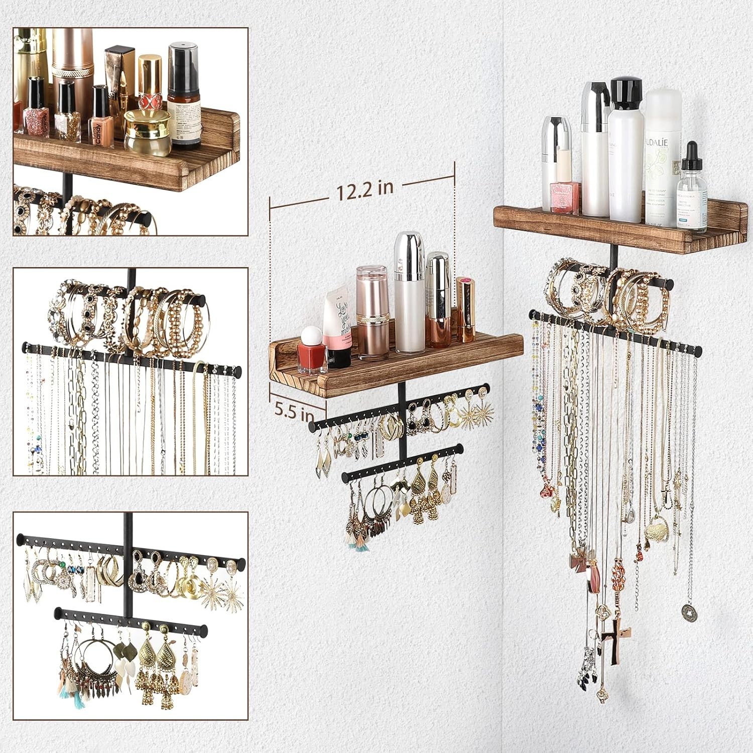 Hanging Wall Mounted Jewelry Organizer with Rustic Wood Jewelry Holder Display f