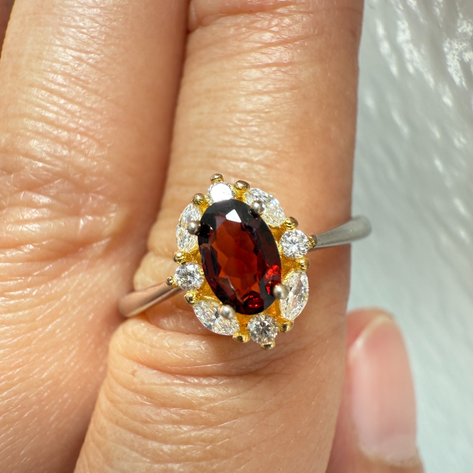 925 Sterling Silver Ring 6x4mm Natural Rhodolite Garnet Gemstone Zircon Red Gift
