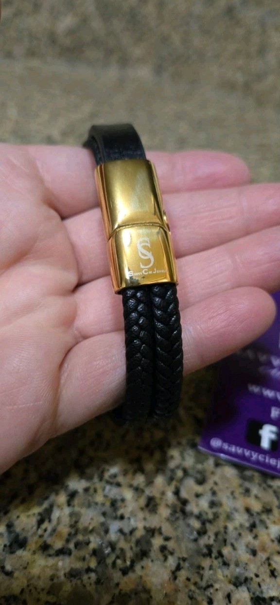 Savvy Cie Jewels Black Braided Leather Bracelet Magnetic Gold-Tone